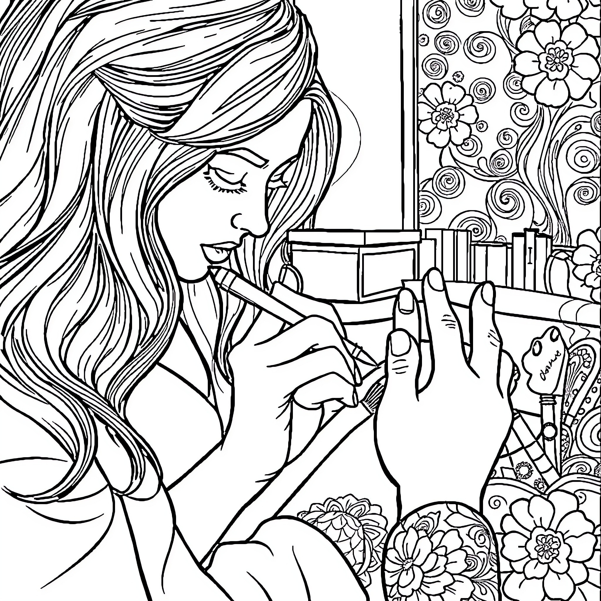 Beautician performing hair and nail care Coloring Page (free black-and-white line drawing printable PDF for all, from beginners to advanced learners, including children, teens, adults, and seniors)