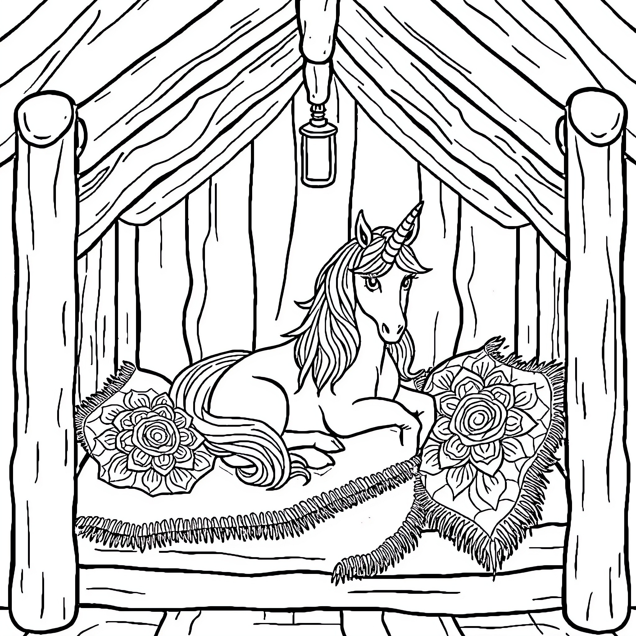 Unicorn resting peacefully in a cozy stage Coloring Page (free black-and-white line drawing printable PDF for all, from beginners to advanced learners, including children, teens, adults, and seniors)