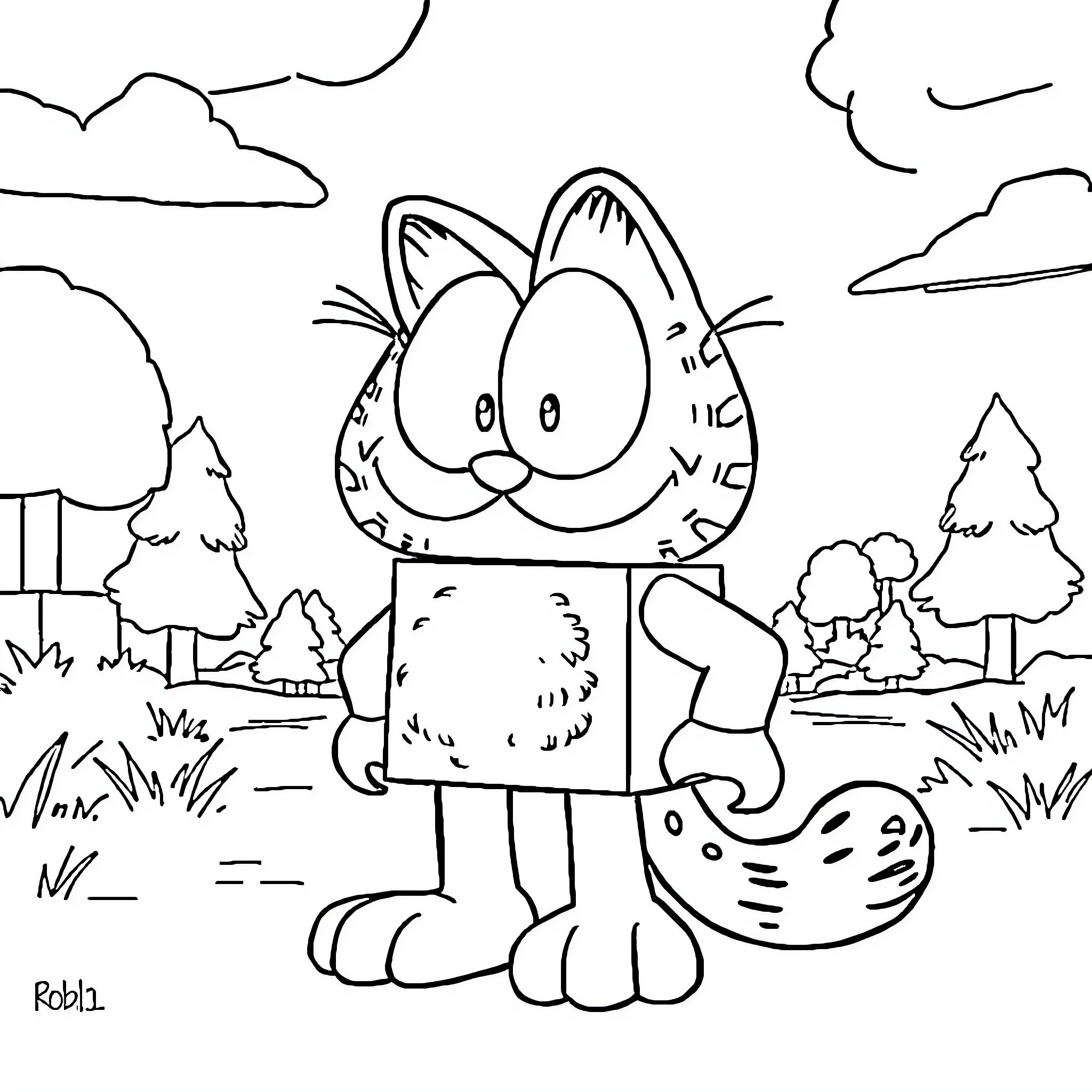 Garfield exploring the outdoor scenery Coloring Page (free black-and-white line drawing printable PDF for all, from beginners to advanced learners, including children, teens, adults, and seniors)