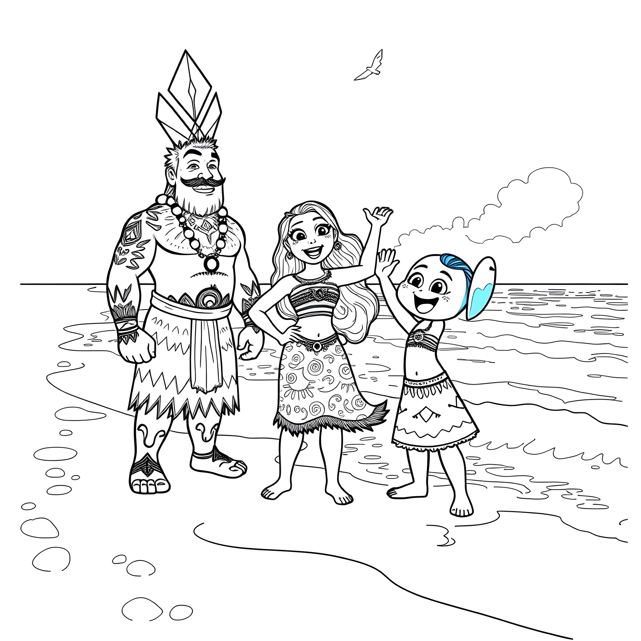 Bluey's Tropical Island Adventure with Family Coloring Page (free black-and-white line drawing printable PDF for all, from beginners to advanced learners, including children, teens, adults, and seniors)