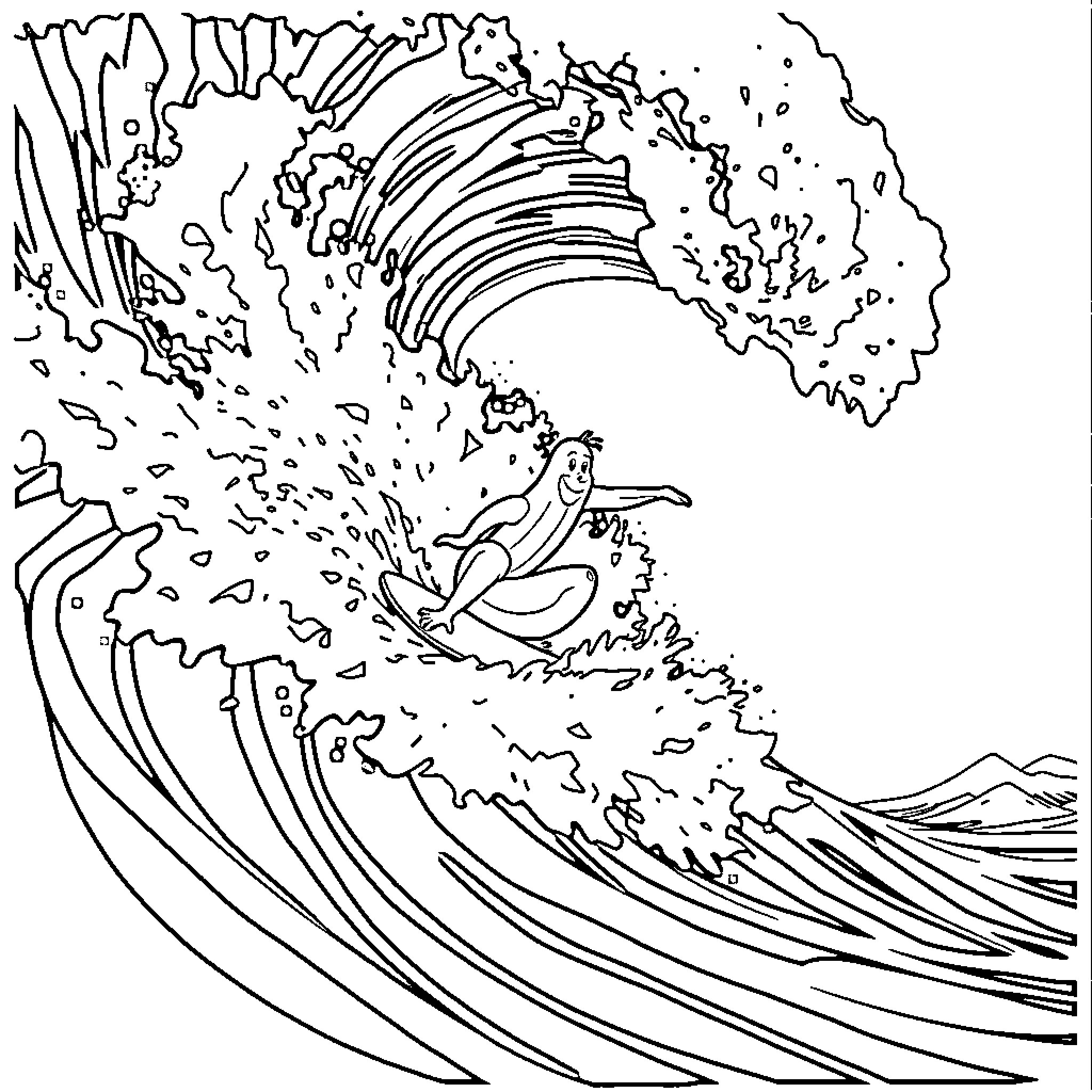 Banana riding a giant wave Coloring Page (free black-and-white line drawing printable PDF for all, from beginners to advanced learners, including children, teens, adults, and seniors)