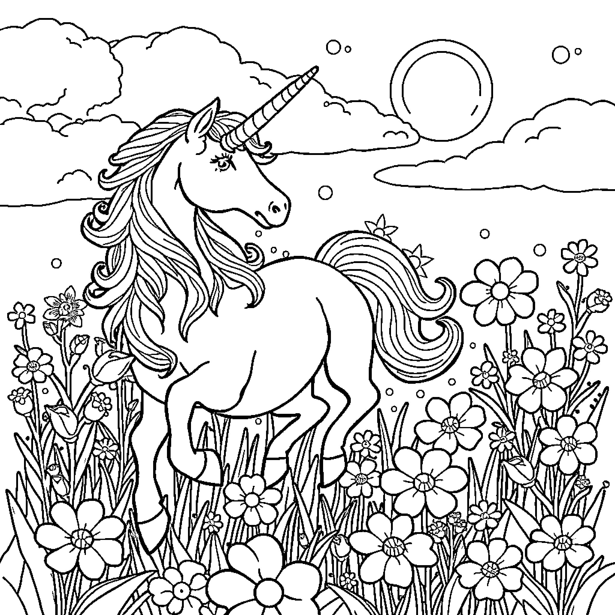 Unicorn standing amidst flowers and clouds Coloring Page (free black-and-white line drawing printable PDF for all, from beginners to advanced learners, including children, teens, adults, and seniors)