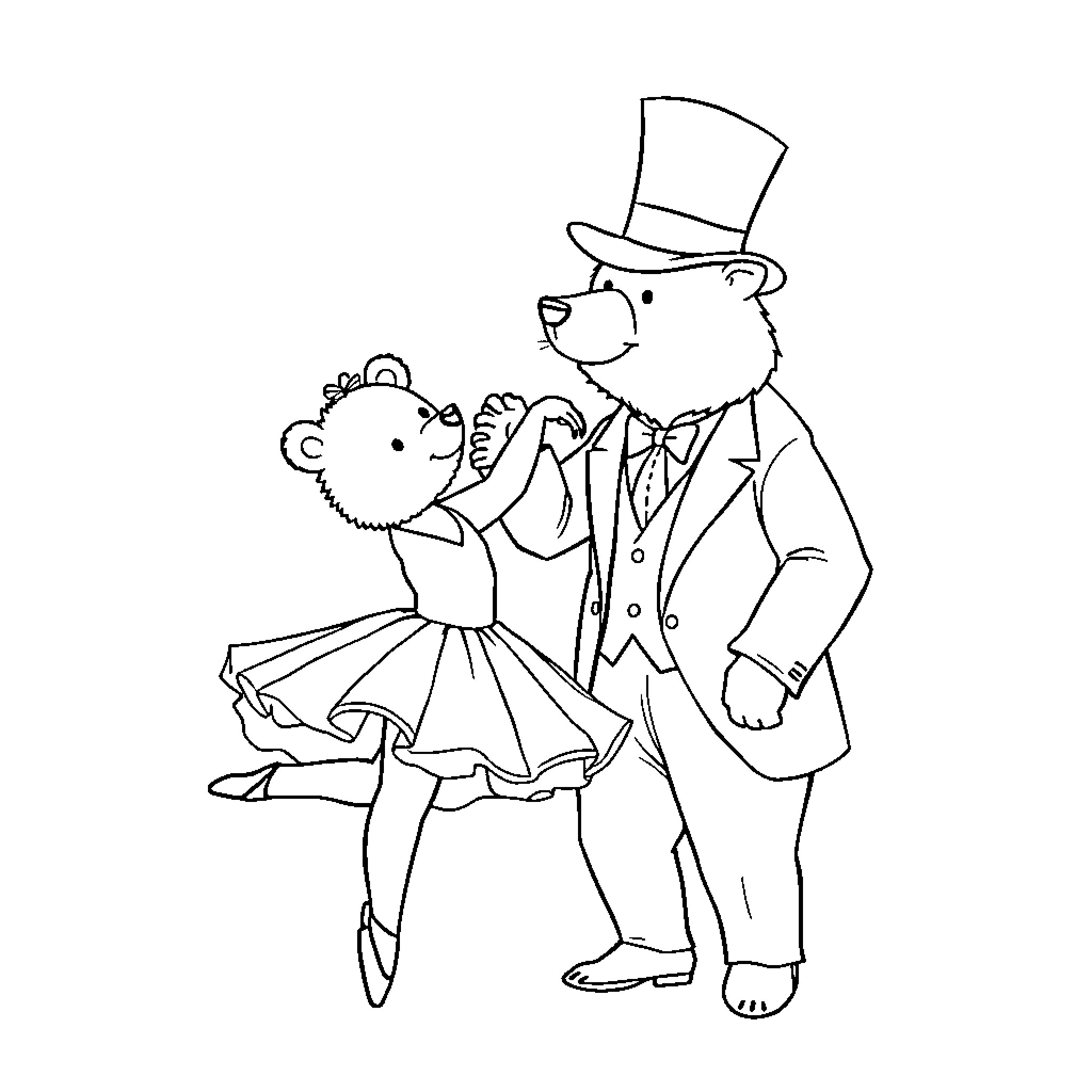 Bear couple dancing elegantly in formal attire Coloring Page (free black-and-white line drawing printable PDF for all, from beginners to advanced learners, including children, teens, adults, and seniors)