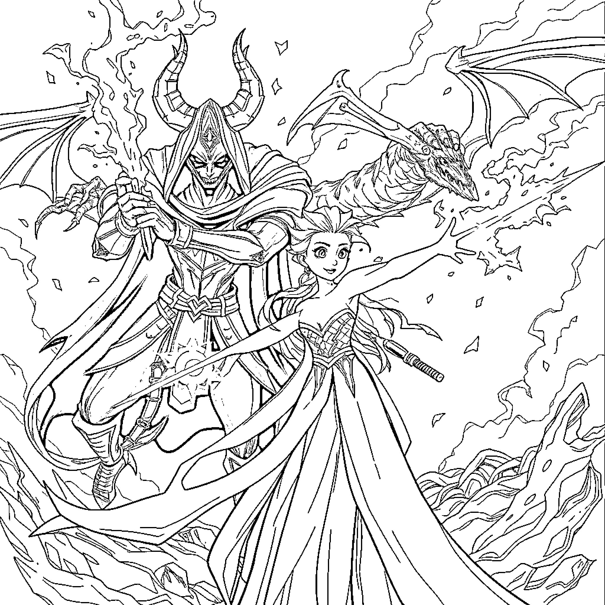 Demon Hunter Saving a Damsel from a Fierce Dragon Coloring Page (free black-and-white line drawing printable PDF for all, from beginners to advanced learners, including children, teens, adults, and seniors)