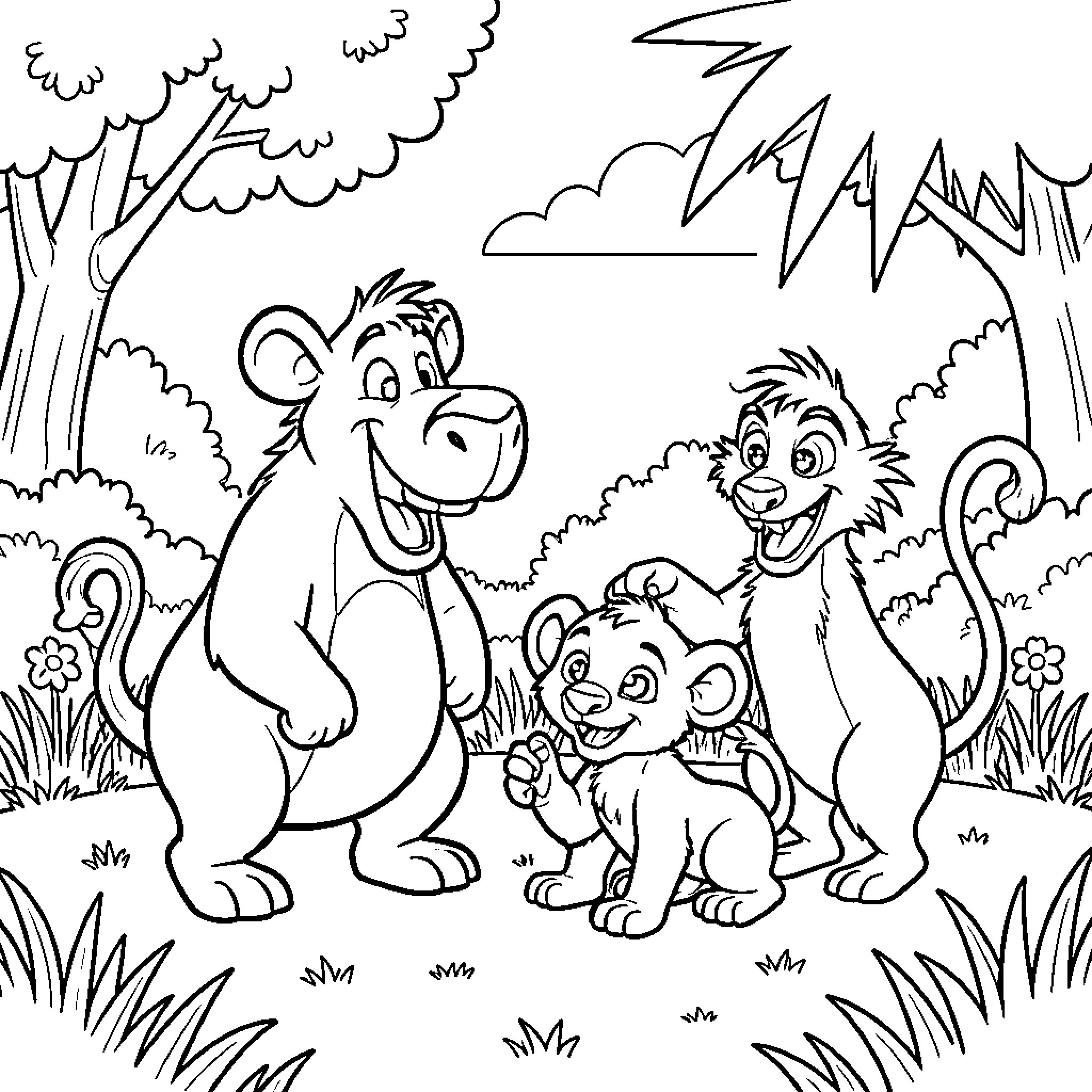 Pumbaa smiling while interacting with small animal friends Coloring Page (free black-and-white line drawing printable PDF for all, from beginners to advanced learners, including children, teens, adults, and seniors)