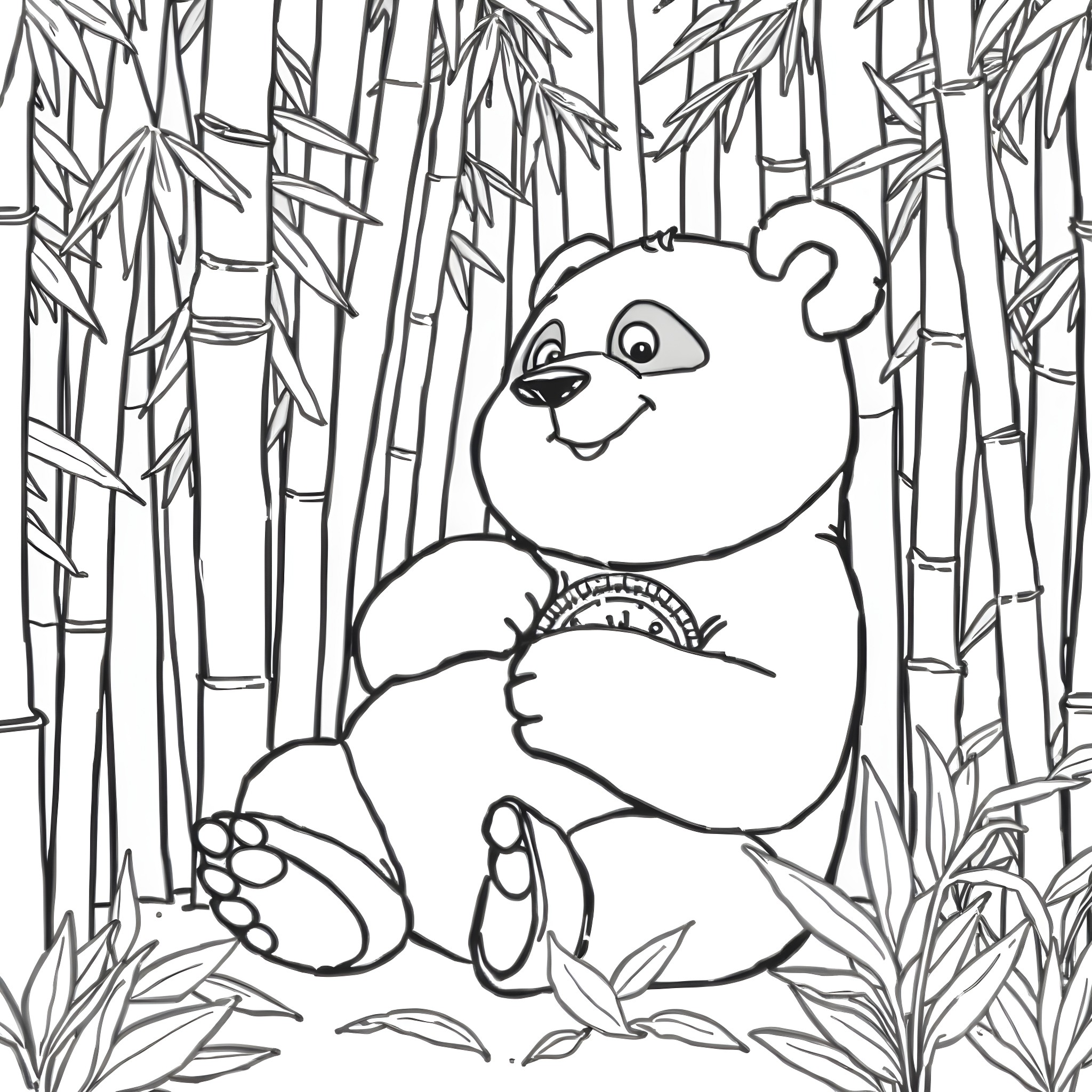 Panda resting in bamboo forest Coloring Page (free black-and-white line drawing printable PDF for all, from beginners to advanced learners, including children, teens, adults, and seniors)