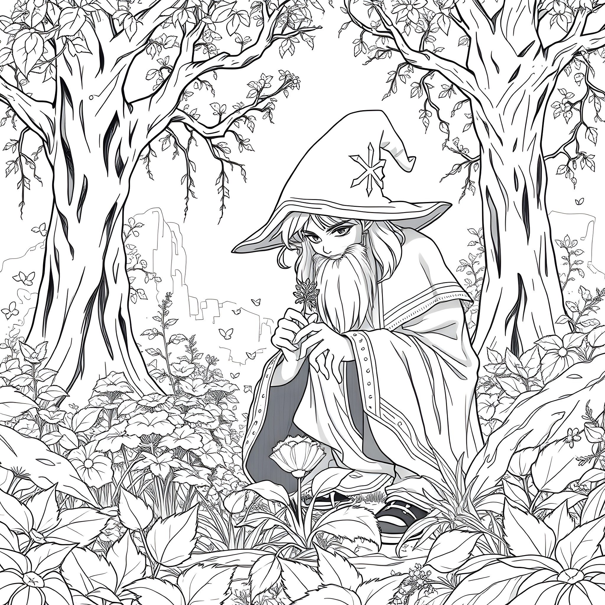 Frieren in the enchanted forest Coloring Page (free black-and-white line drawing printable PDF for all, from beginners to advanced learners, including children, teens, adults, and seniors)