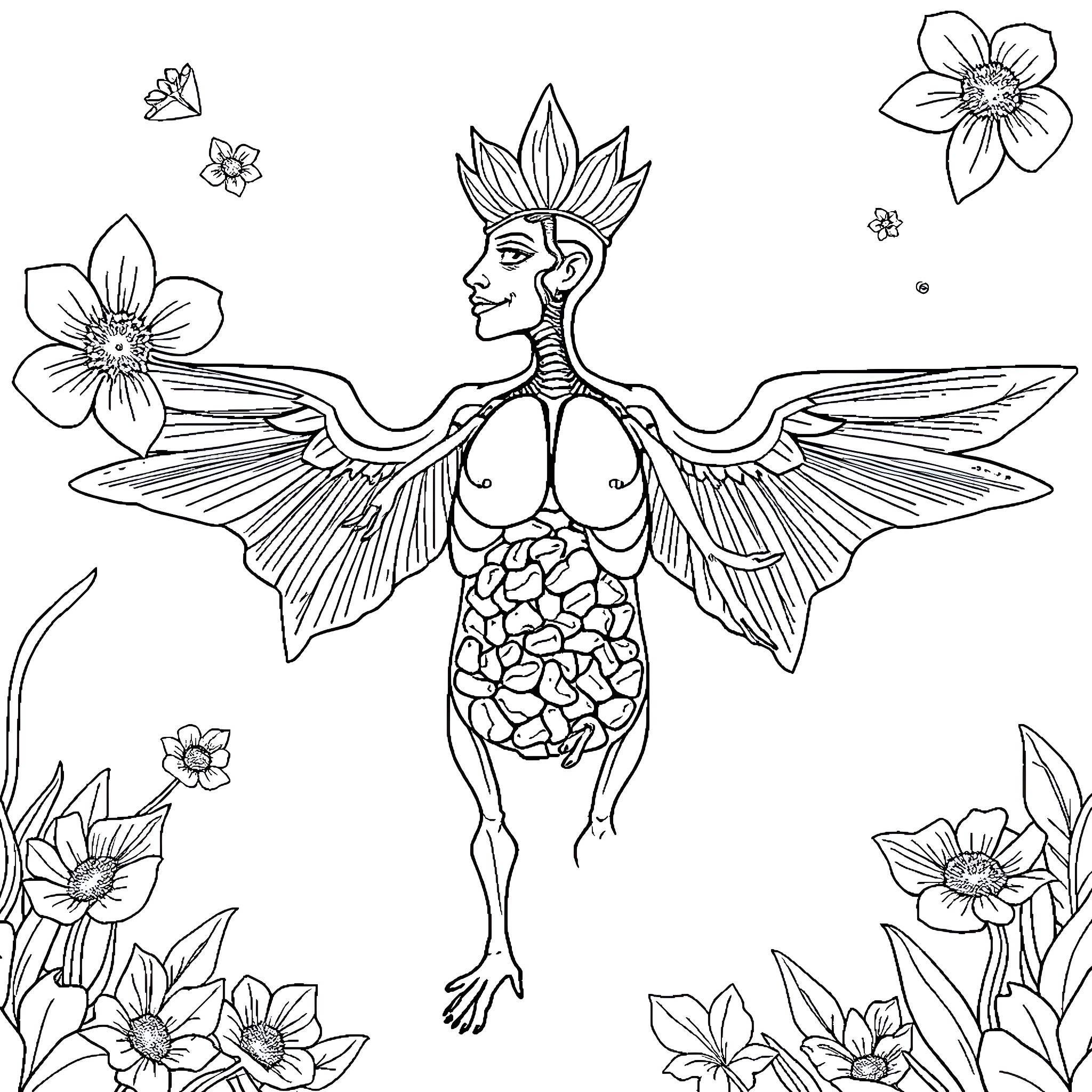 Célula: Fantastical Winged Figure Amidst Flowers Coloring Page (free black-and-white line drawing printable PDF for all, from beginners to advanced learners, including children, teens, adults, and seniors)