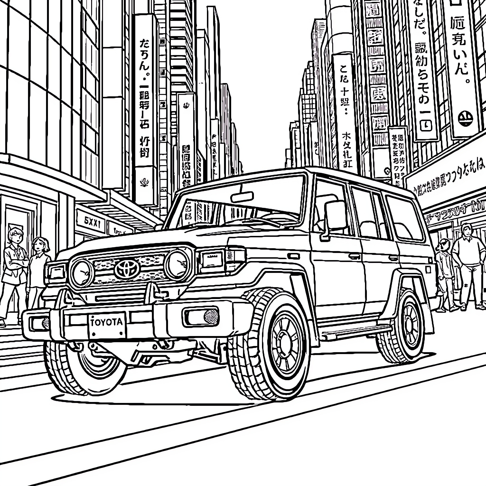 Toyota off-road vehicle in urban cityscape Coloring Page (free black-and-white line drawing printable PDF for all, from beginners to advanced learners, including children, teens, adults, and seniors)
