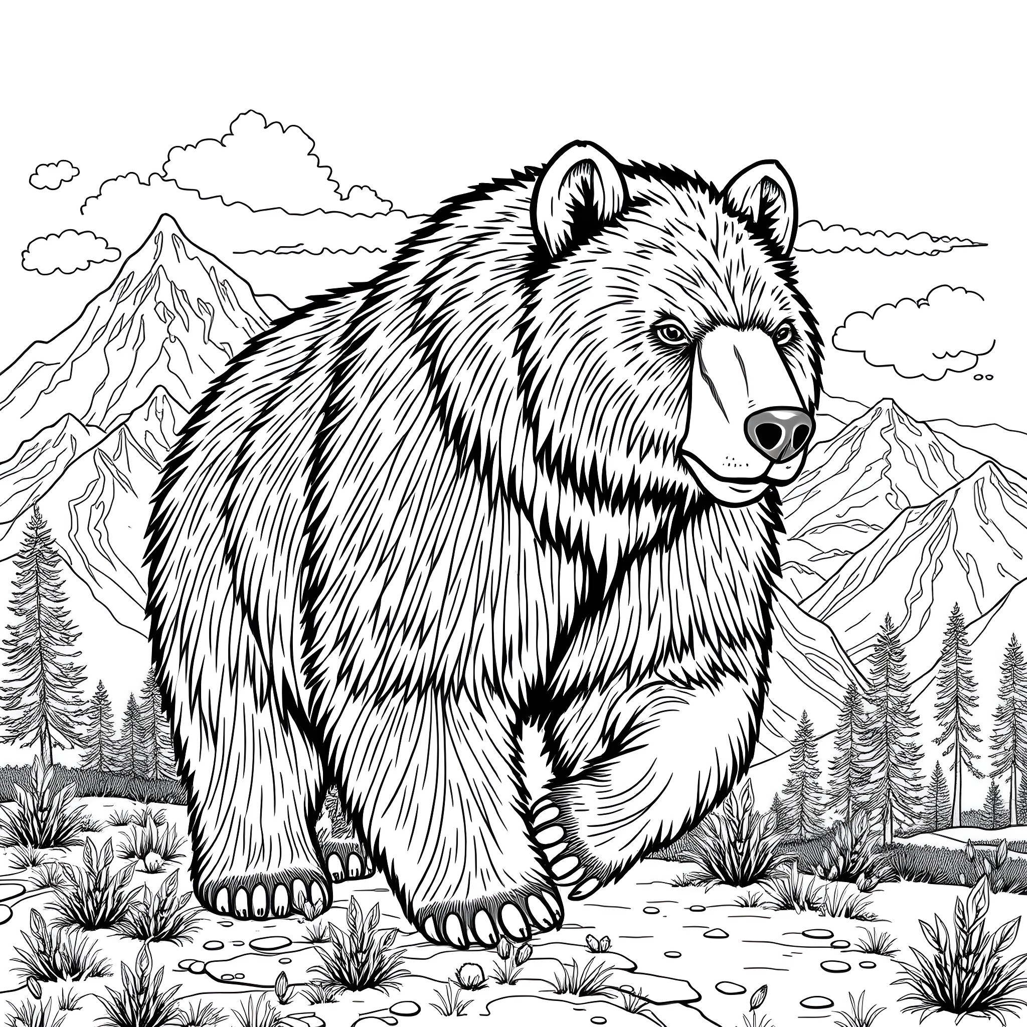 Teddy Bear in the Wilderness Coloring Page (free black-and-white line drawing printable PDF for all, from beginners to advanced learners, including children, teens, adults, and seniors)