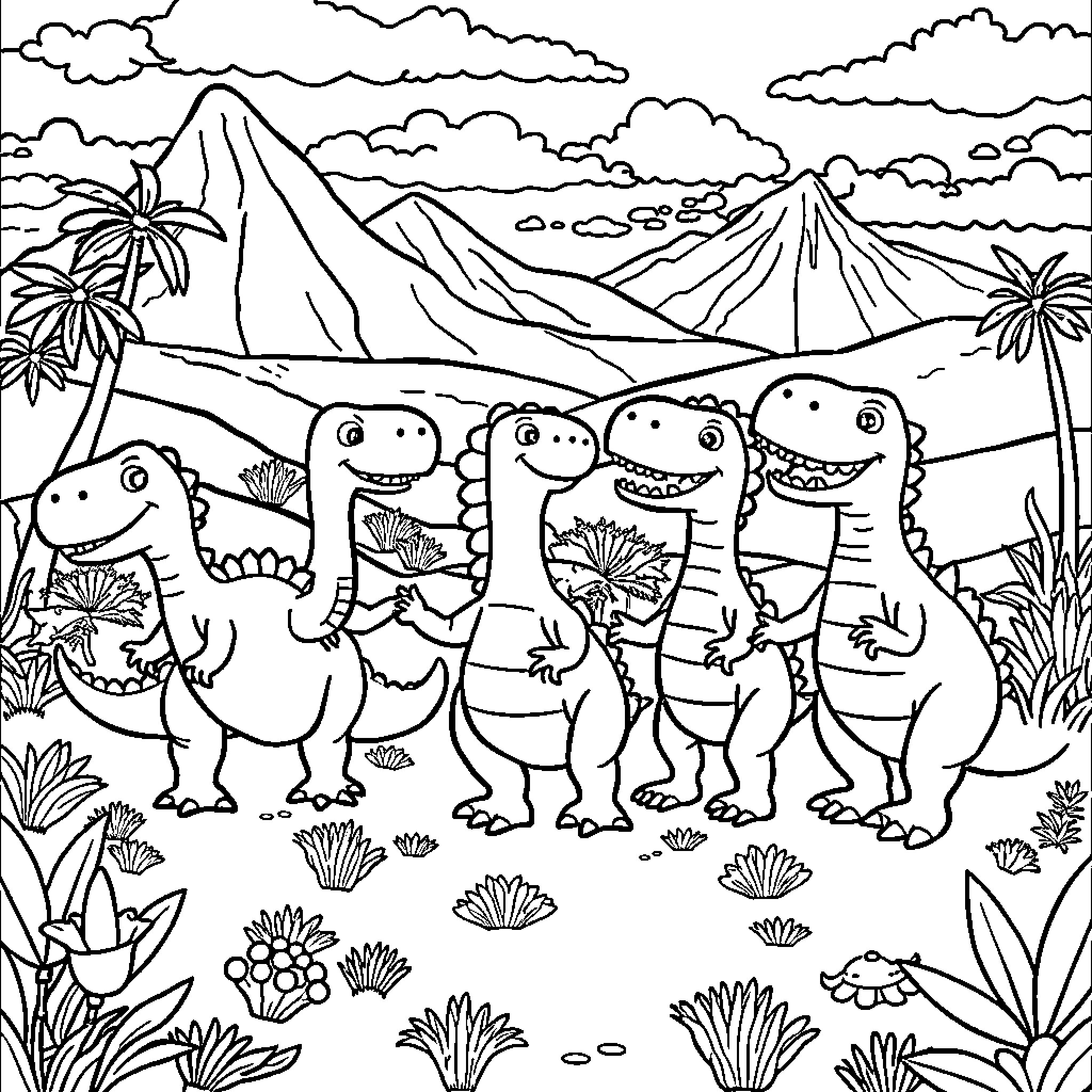 Dinosaur family playing in a tropical landscape Coloring Page (free black-and-white line drawing printable PDF for all, from beginners to advanced learners, including children, teens, adults, and seniors)