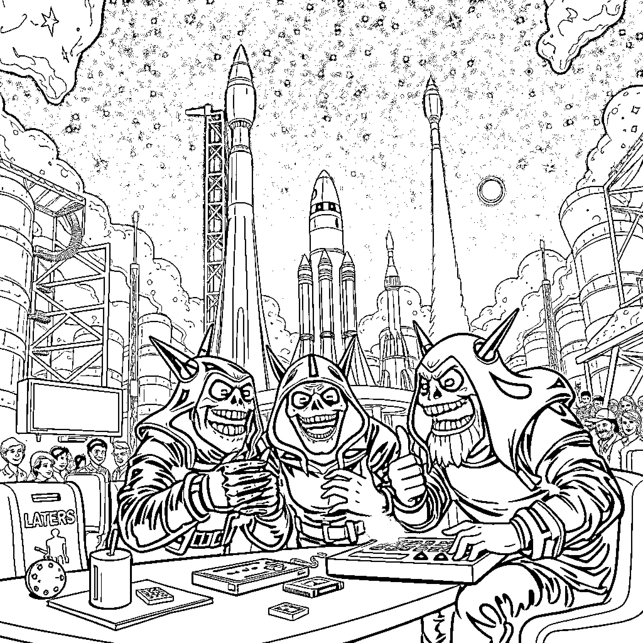 Bad Guys Plotting Mischief in the Rocket Launch Site Coloring Page (free black-and-white line drawing printable PDF for all, from beginners to advanced learners, including children, teens, adults, and seniors)