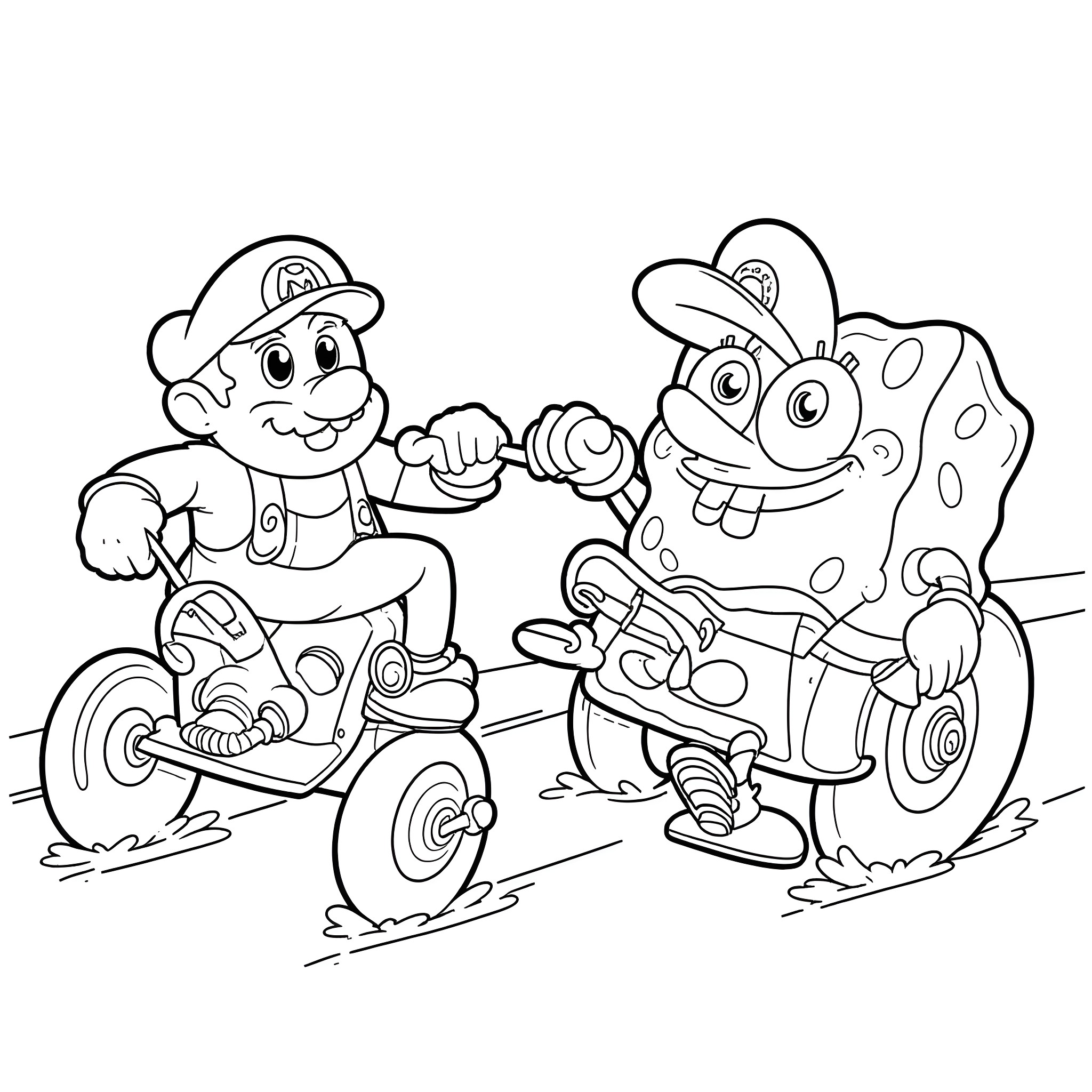 Spongebob and Patrick riding scooters Coloring Page (free black-and-white line drawing printable PDF for all, from beginners to advanced learners, including children, teens, adults, and seniors)