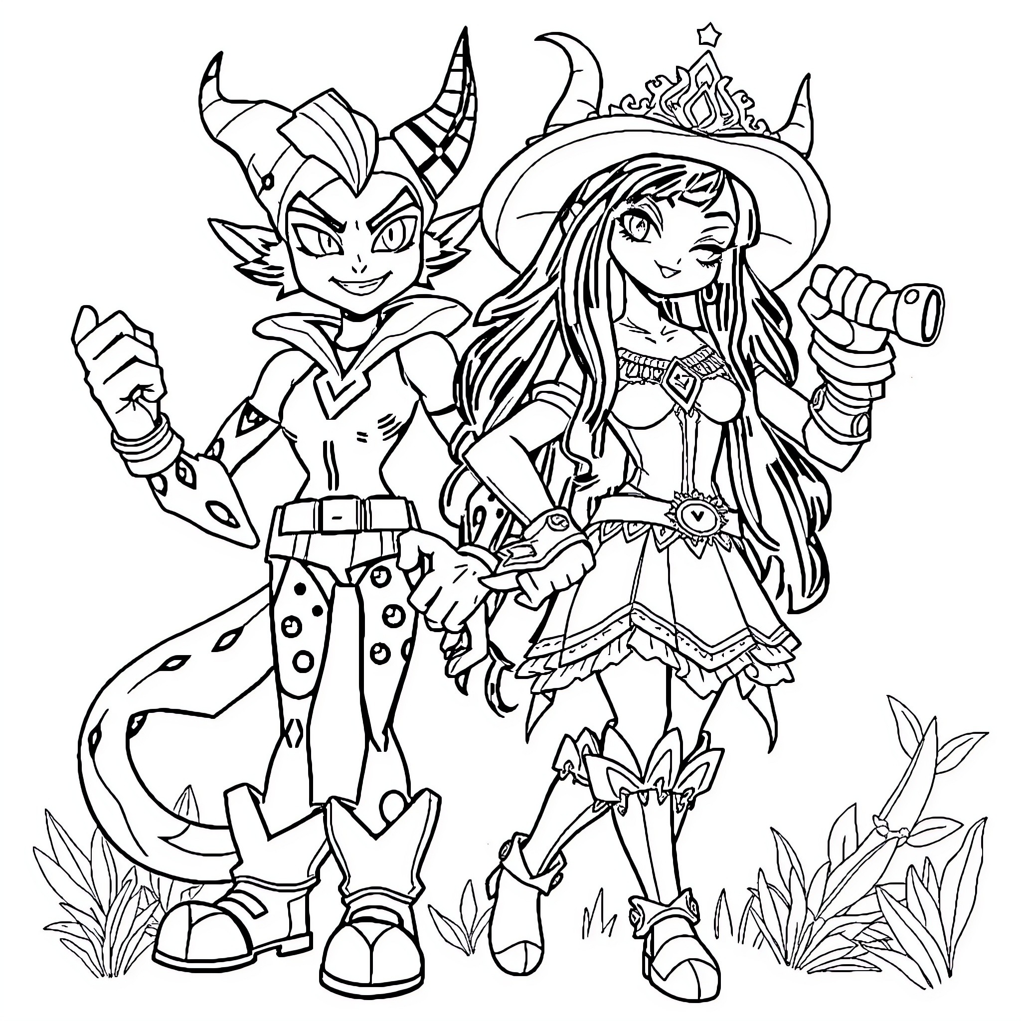 Jinx fantasy characters in whimsical outfits Coloring Page (free black-and-white line drawing printable PDF for all, from beginners to advanced learners, including children, teens, adults, and seniors)