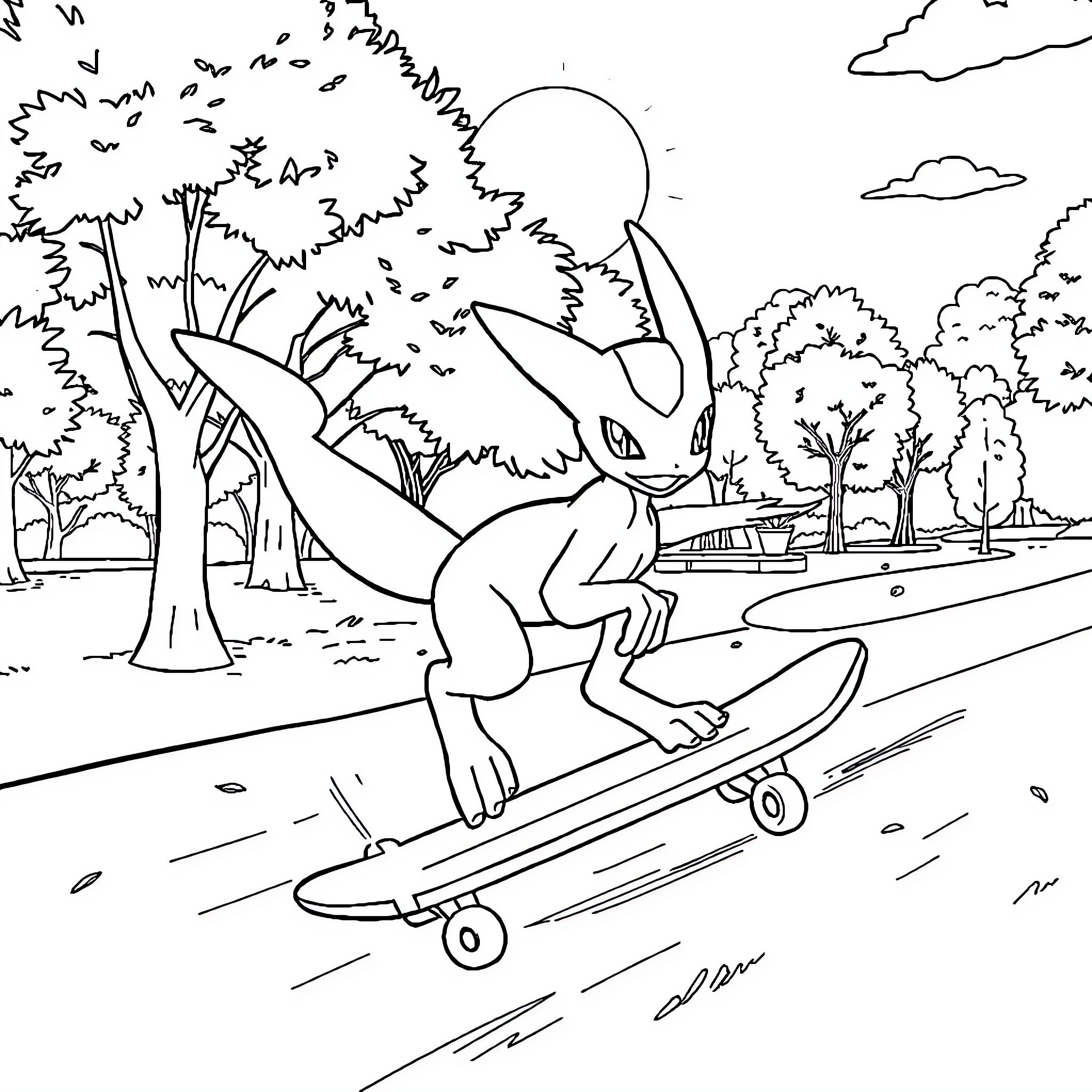 Mewtwo skateboarding through a lush forest Coloring Page (free black-and-white line drawing printable PDF for all, from beginners to advanced learners, including children, teens, adults, and seniors)