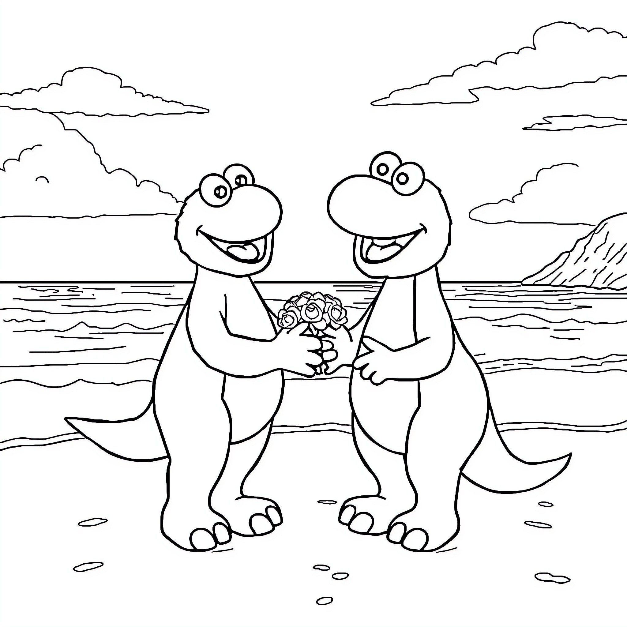 Elmo Dinosaurs Holding Flowers on the Beach Coloring Page (free black-and-white line drawing printable PDF for all, from beginners to advanced learners, including children, teens, adults, and seniors)