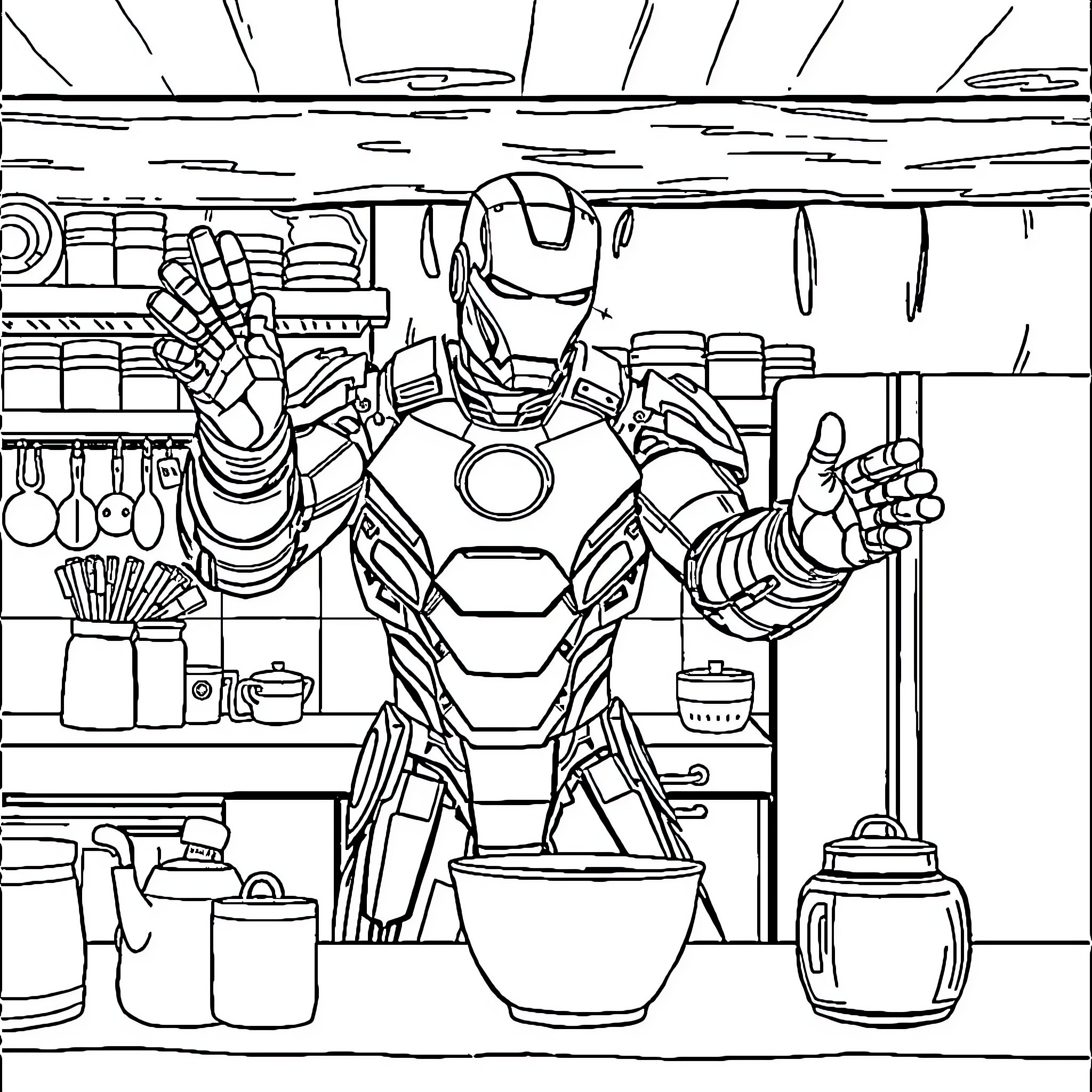 Iron Man Cooking in Kitchen with Gadgets Coloring Page (free black-and-white line drawing printable PDF for all, from beginners to advanced learners, including children, teens, adults, and seniors)