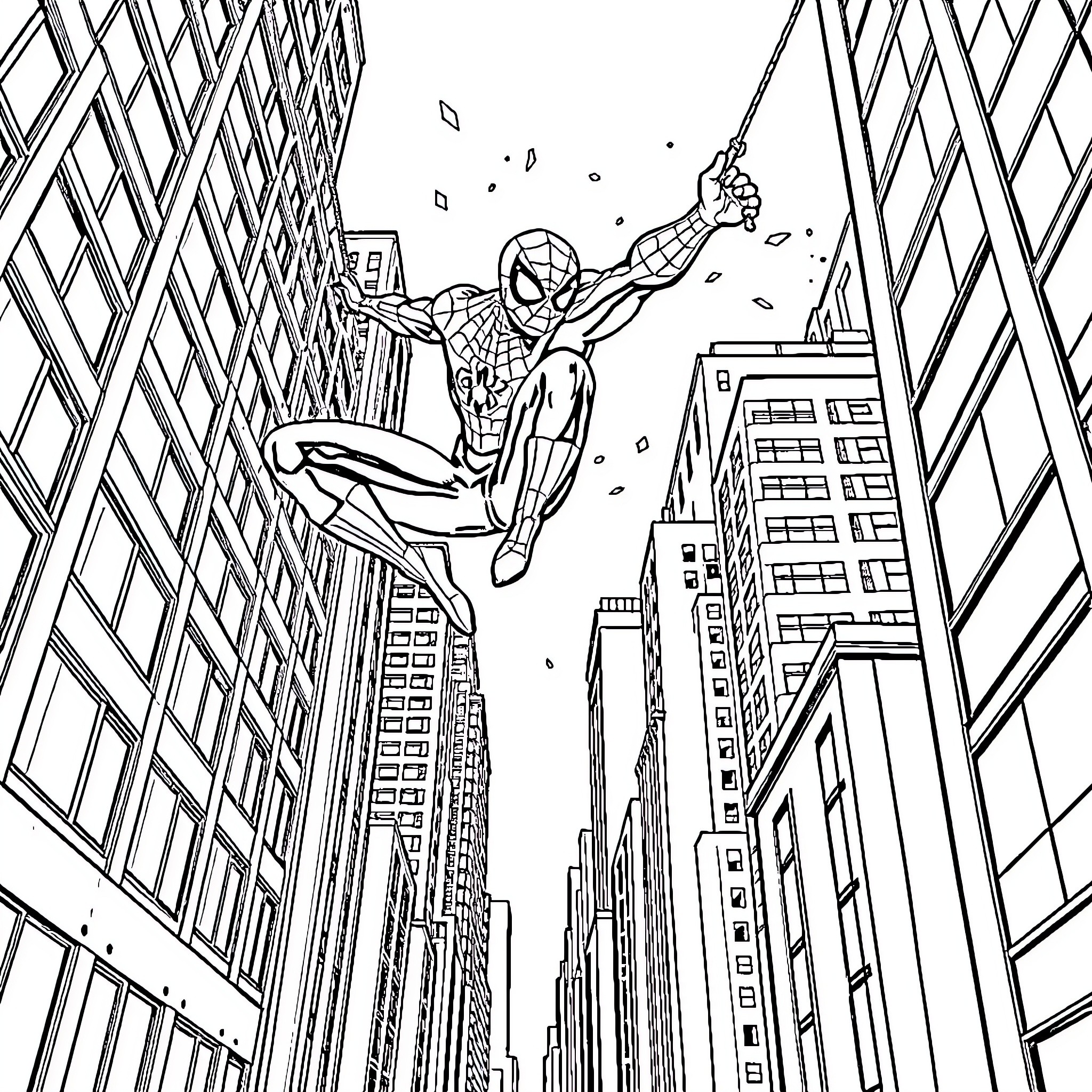 Spiderman swinging through the city skyline Coloring Page (free black-and-white line drawing printable PDF for all, from beginners to advanced learners, including children, teens, adults, and seniors)