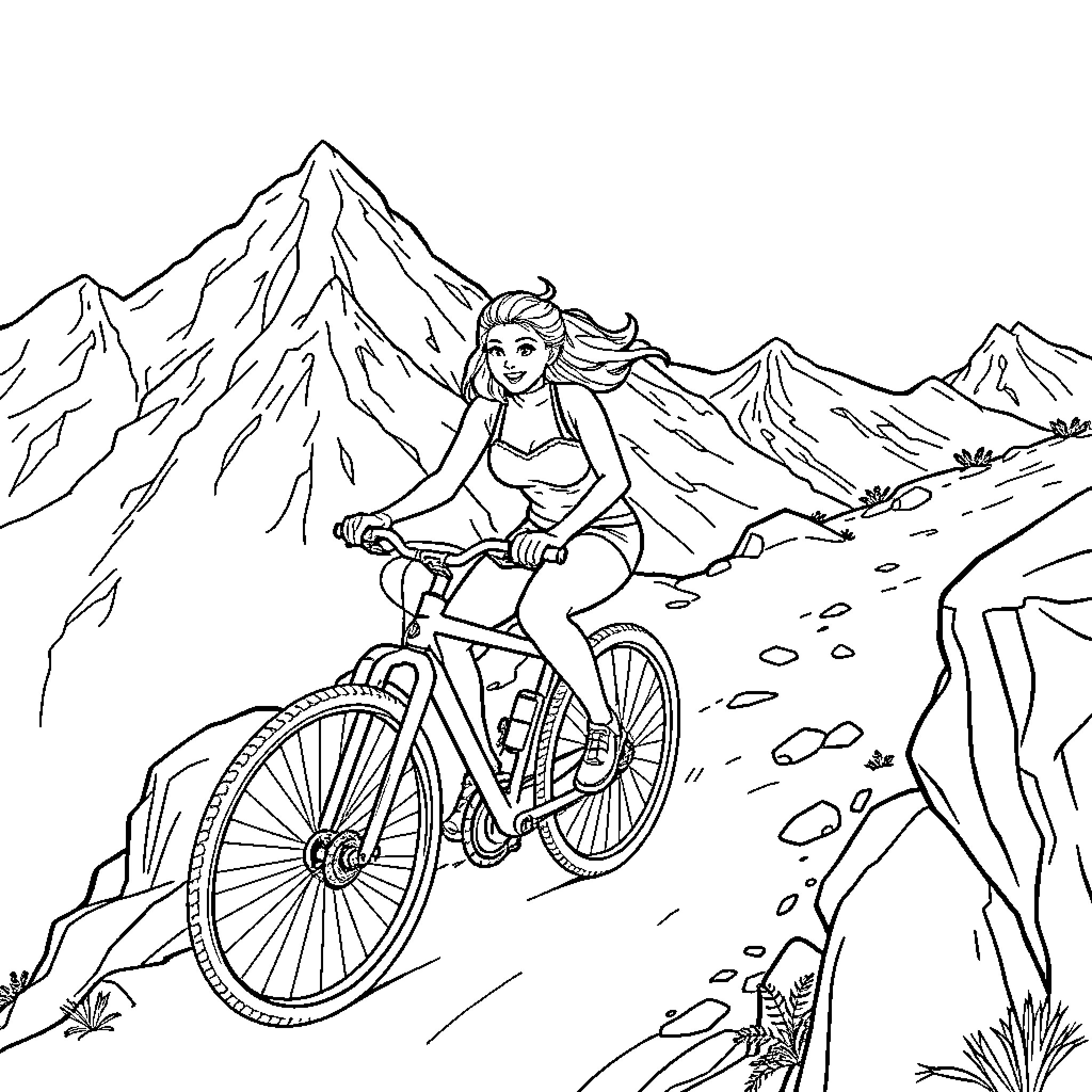 Lady riding bicycle in the mountain landscape Coloring Page (free black-and-white line drawing printable PDF for all, from beginners to advanced learners, including children, teens, adults, and seniors)