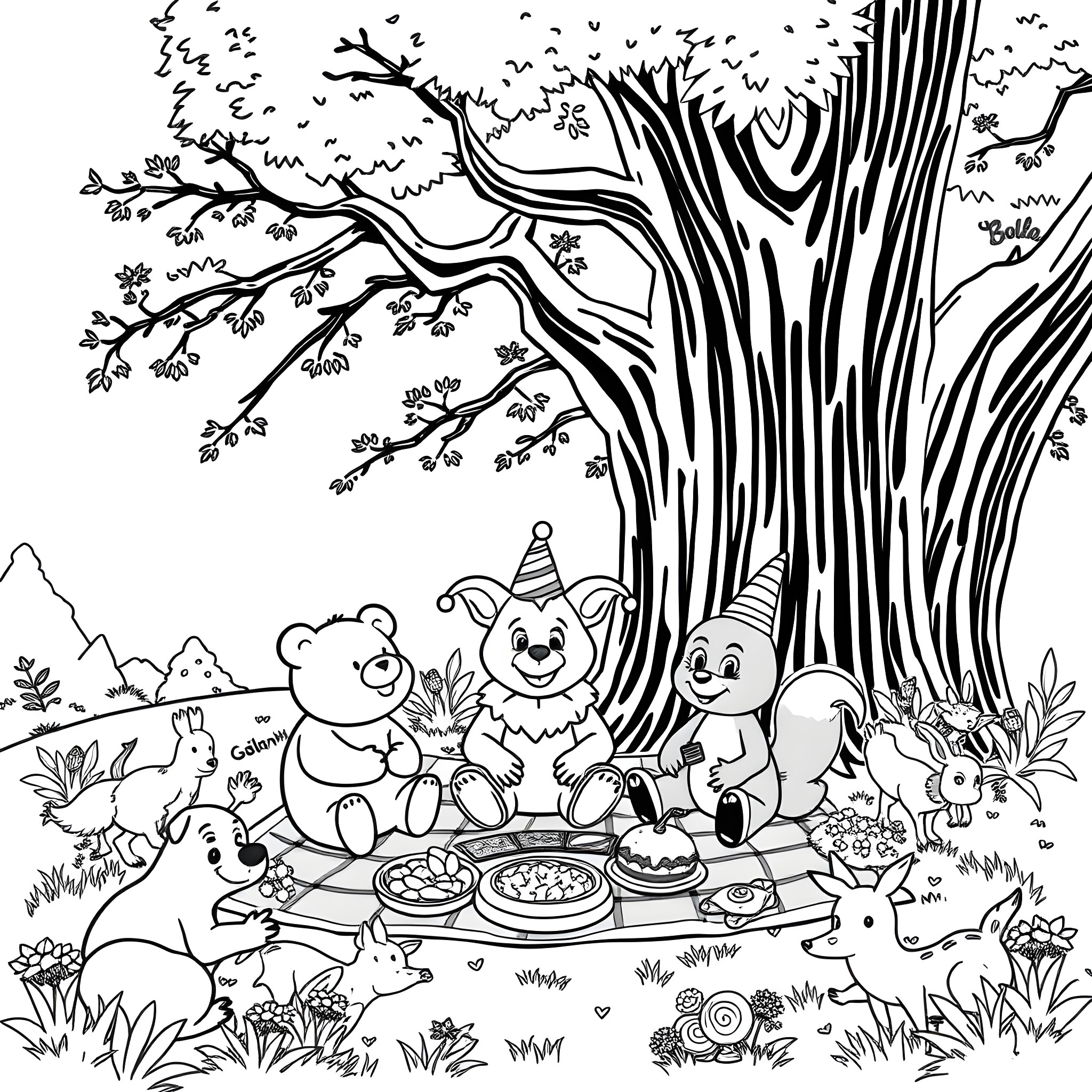 Bear friends having a picnic in the forest Coloring Page (free black-and-white line drawing printable PDF for all, from beginners to advanced learners, including children, teens, adults, and seniors)