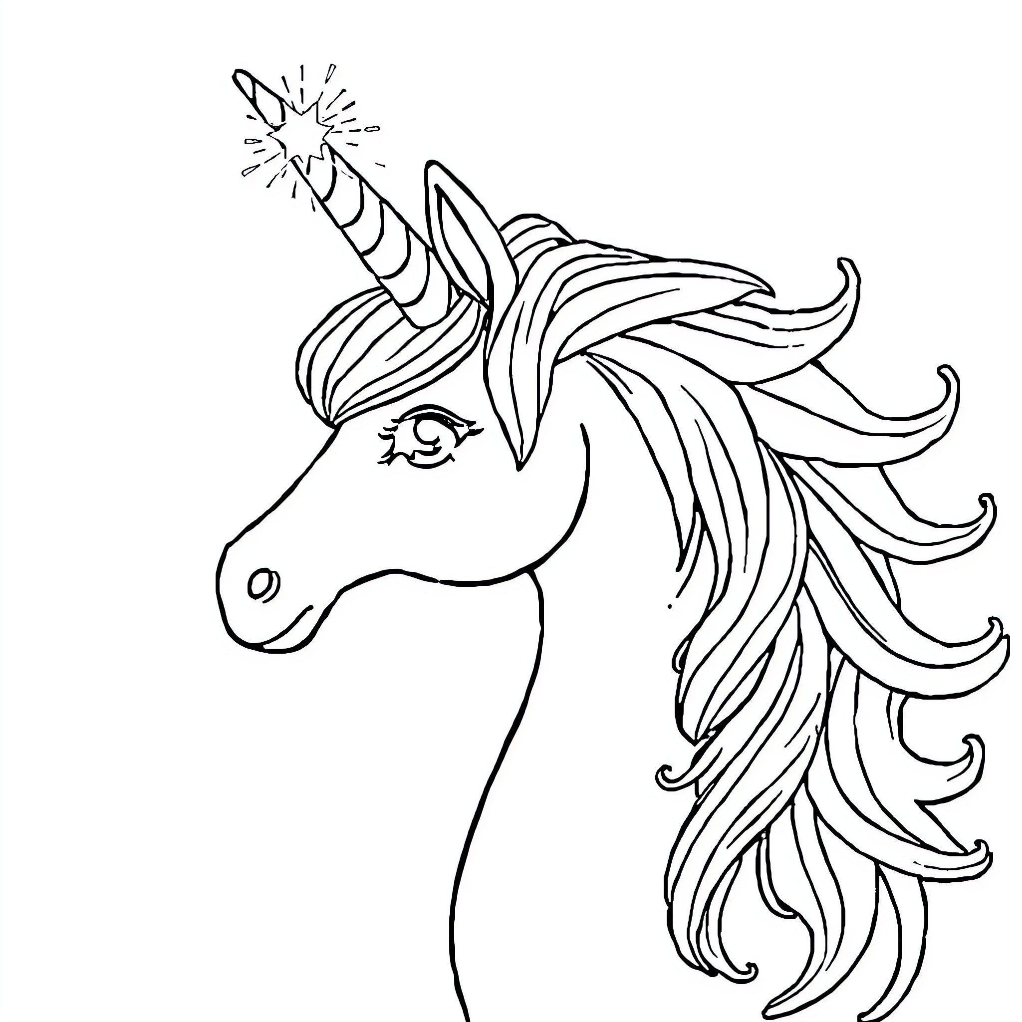 Unicorn with sparkling horn and flowing mane Coloring Page (free black-and-white line drawing printable PDF for all, from beginners to advanced learners, including children, teens, adults, and seniors)