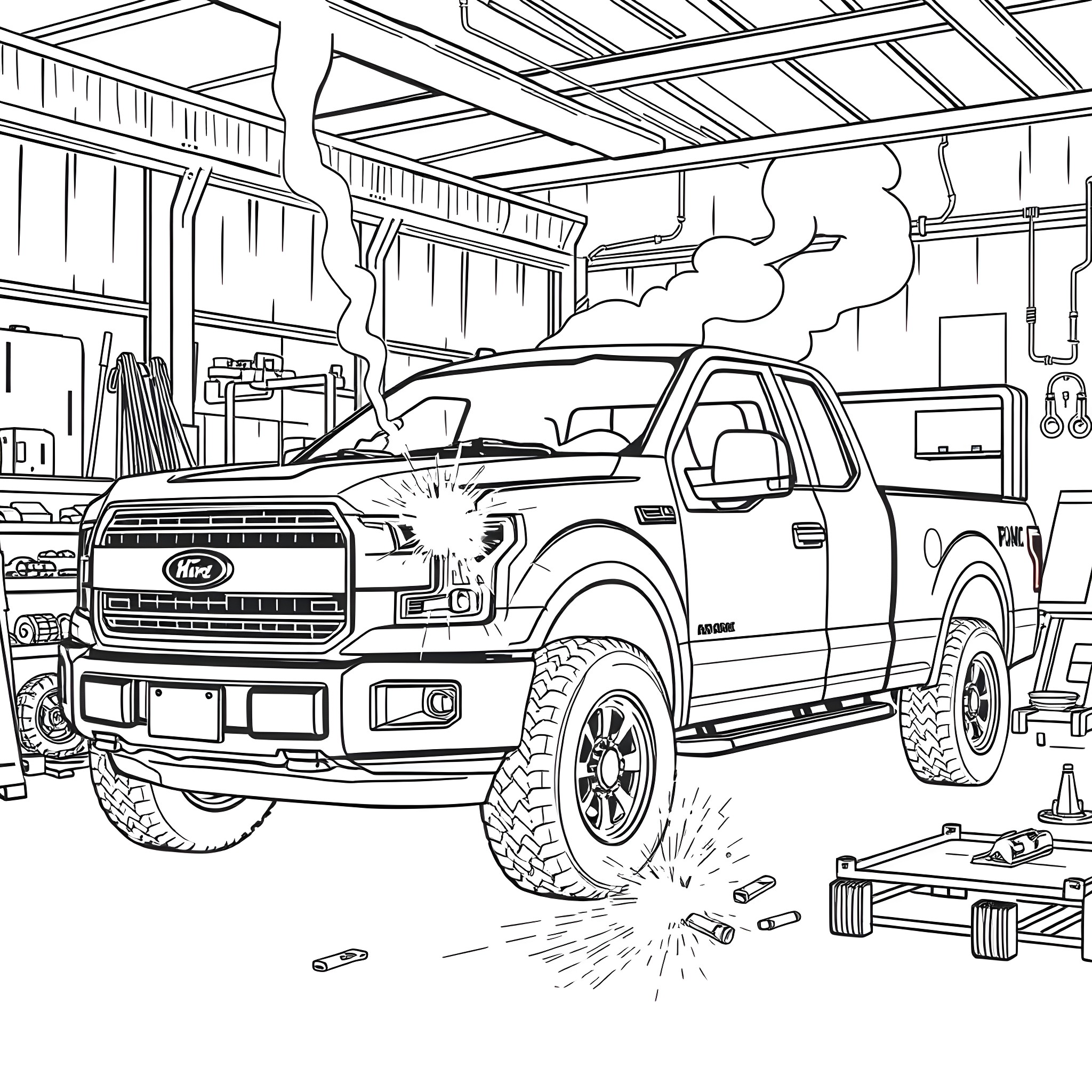 Pickup truck undergoing repairs in a garage Coloring Page (free black-and-white line drawing printable PDF for all, from beginners to advanced learners, including children, teens, adults, and seniors)