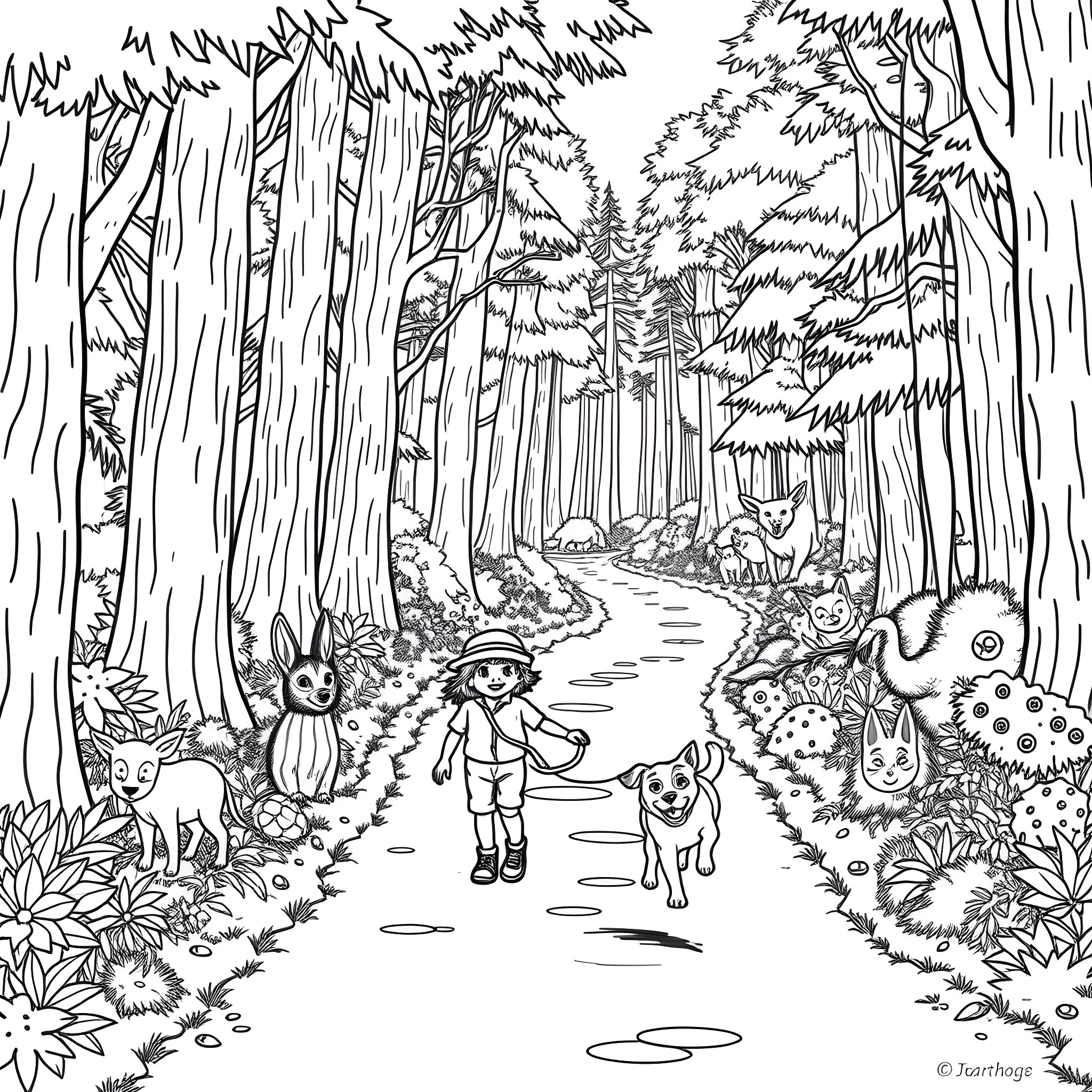 Kid Exploring the Enchanting Forest with Friendly Animals Coloring Page (free black-and-white line drawing printable PDF for all, from beginners to advanced learners, including children, teens, adults, and seniors)