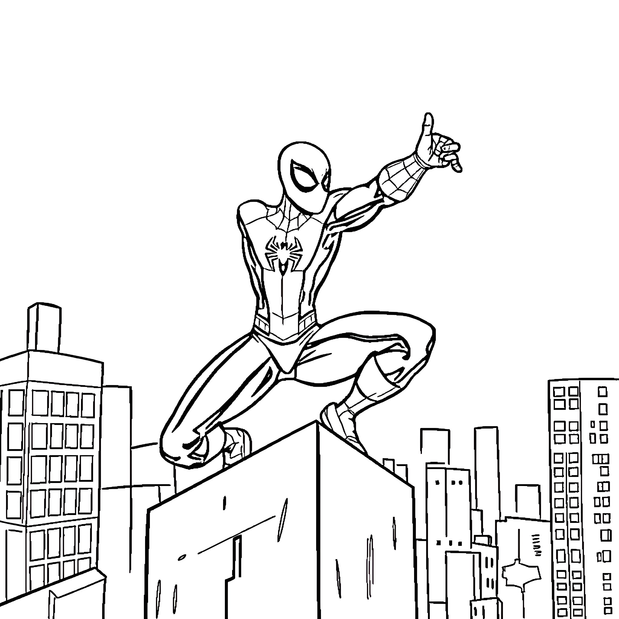 Spider-Man swinging through the city skyline Coloring Page (free black-and-white line drawing printable PDF for all, from beginners to advanced learners, including children, teens, adults, and seniors)