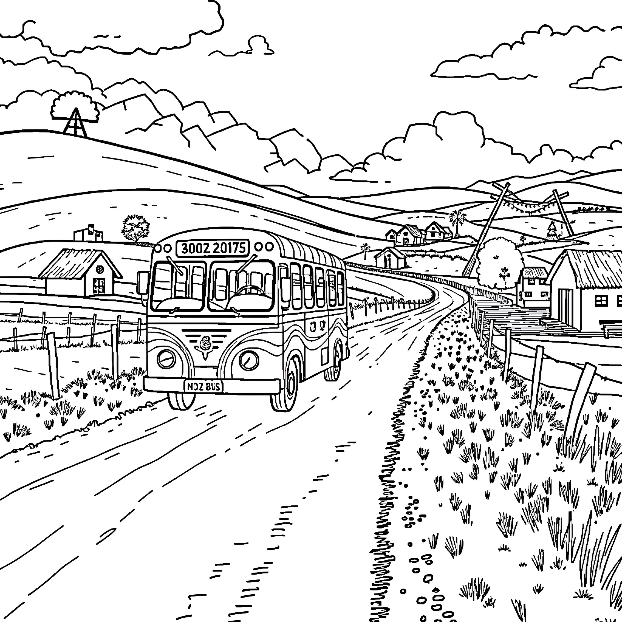 Bus traveling through a countryside landscape Coloring Page (free black-and-white line drawing printable PDF for all, from beginners to advanced learners, including children, teens, adults, and seniors)