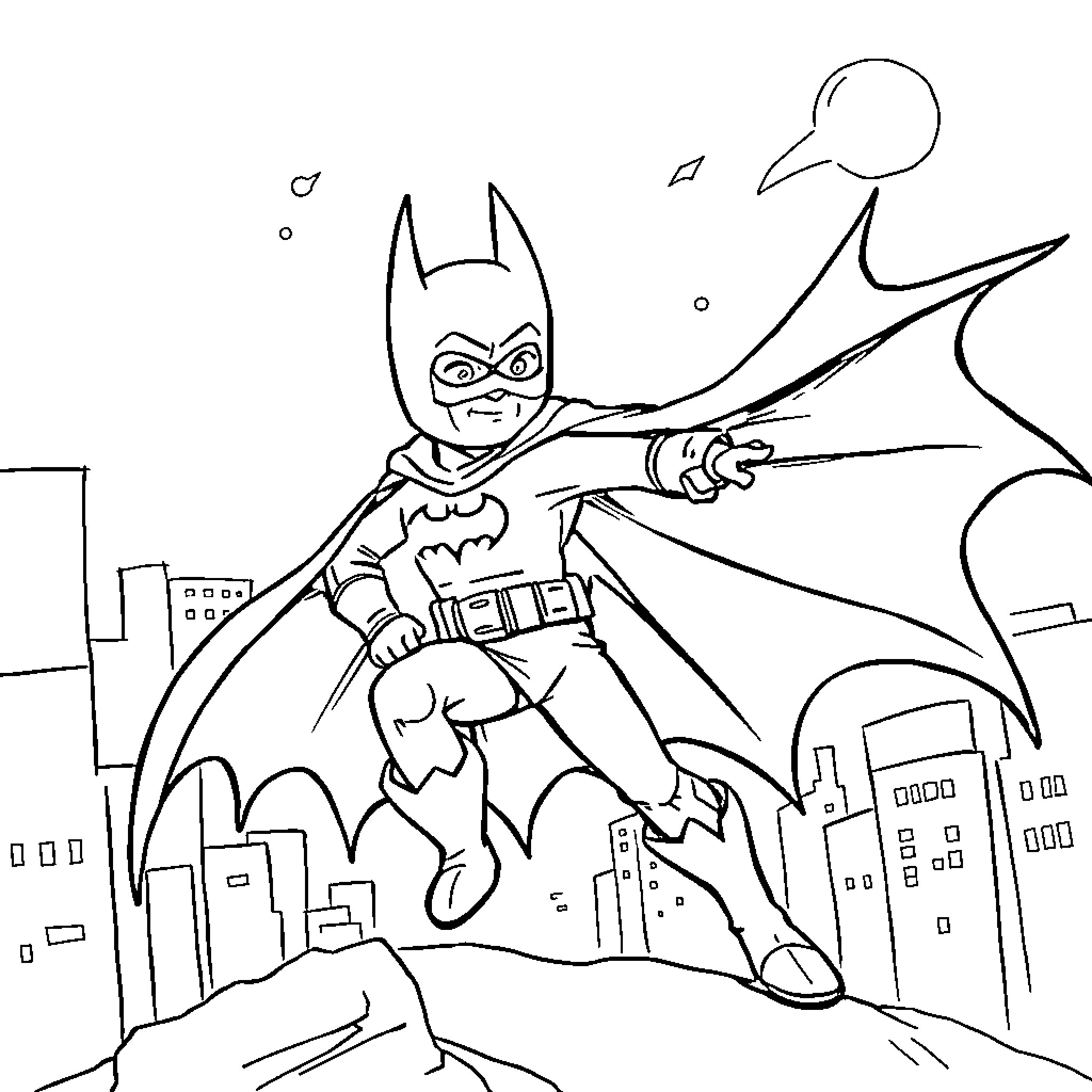 Boy in heroic superhero costume exploring the city Coloring Page (free black-and-white line drawing printable PDF for all, from beginners to advanced learners, including children, teens, adults, and seniors)