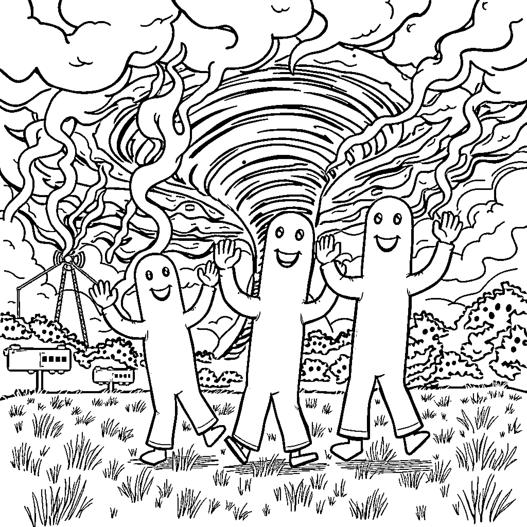 Tornado of Happy Figures in the Countryside Coloring Page (free black-and-white line drawing printable PDF for all, from beginners to advanced learners, including children, teens, adults, and seniors)