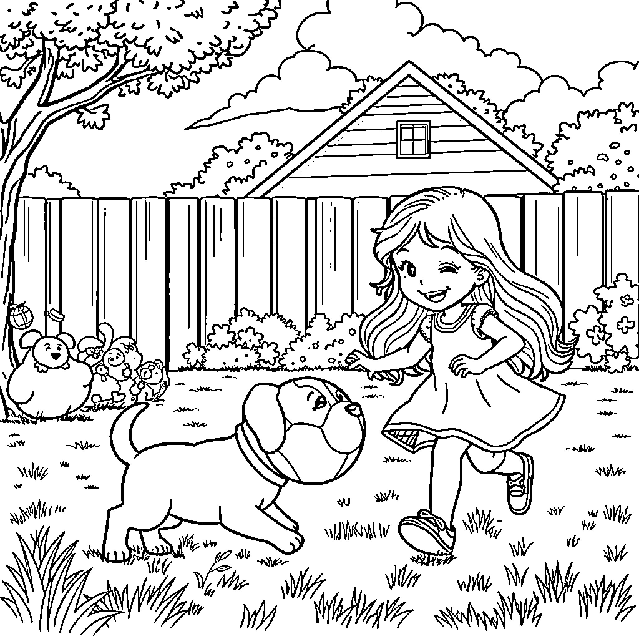 Girl playing with dog in a backyard Coloring Page (free black-and-white line drawing printable PDF for all, from beginners to advanced learners, including children, teens, adults, and seniors)