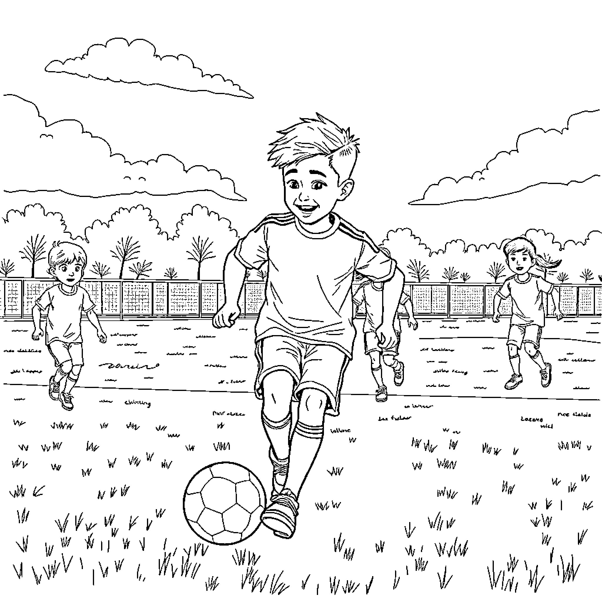 Sacha playing soccer with friends on a field Coloring Page (free black-and-white line drawing printable PDF for all, from beginners to advanced learners, including children, teens, adults, and seniors)
