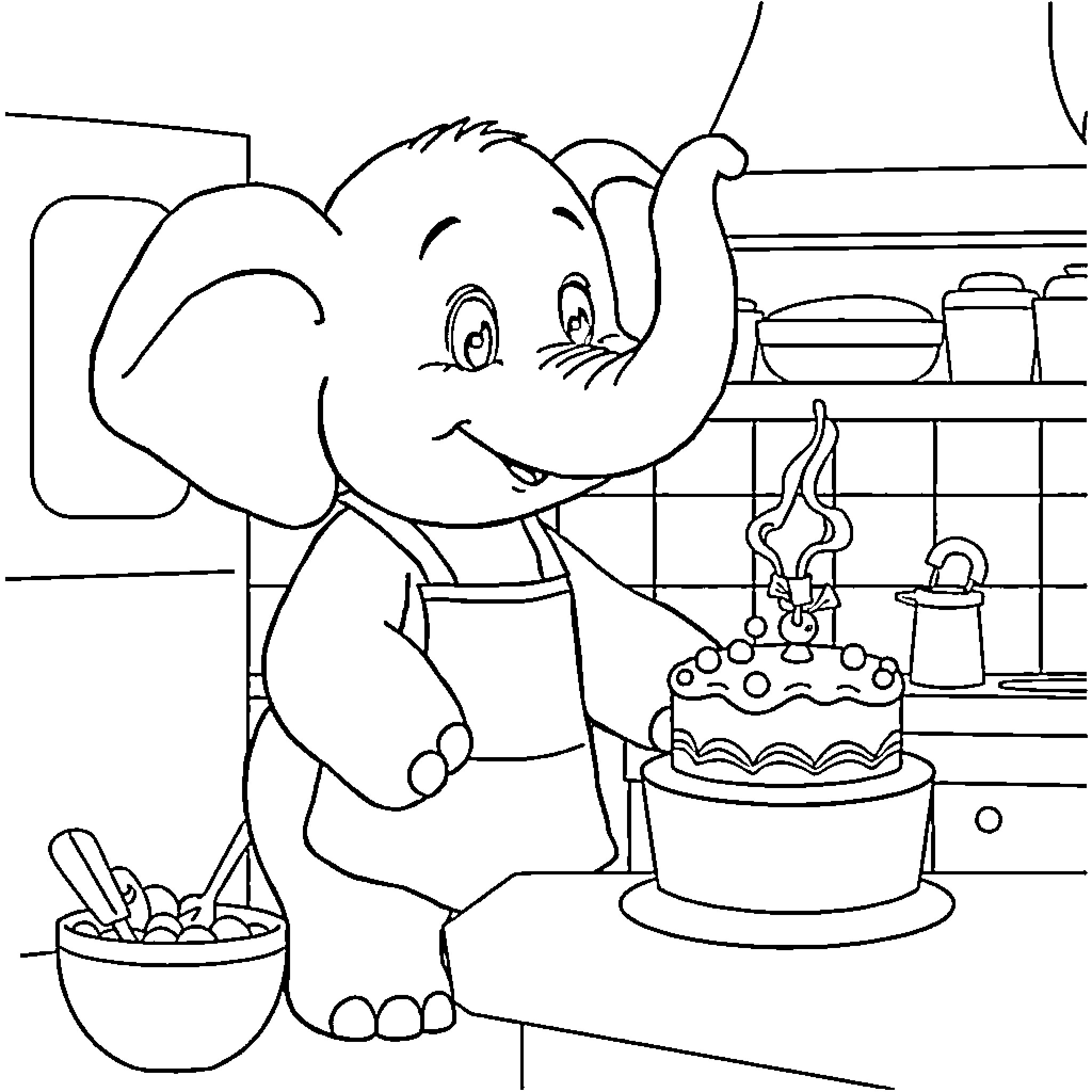 Elephant preparing a delightful cake in the kitchen Coloring Page (free black-and-white line drawing printable PDF for all, from beginners to advanced learners, including children, teens, adults, and seniors)