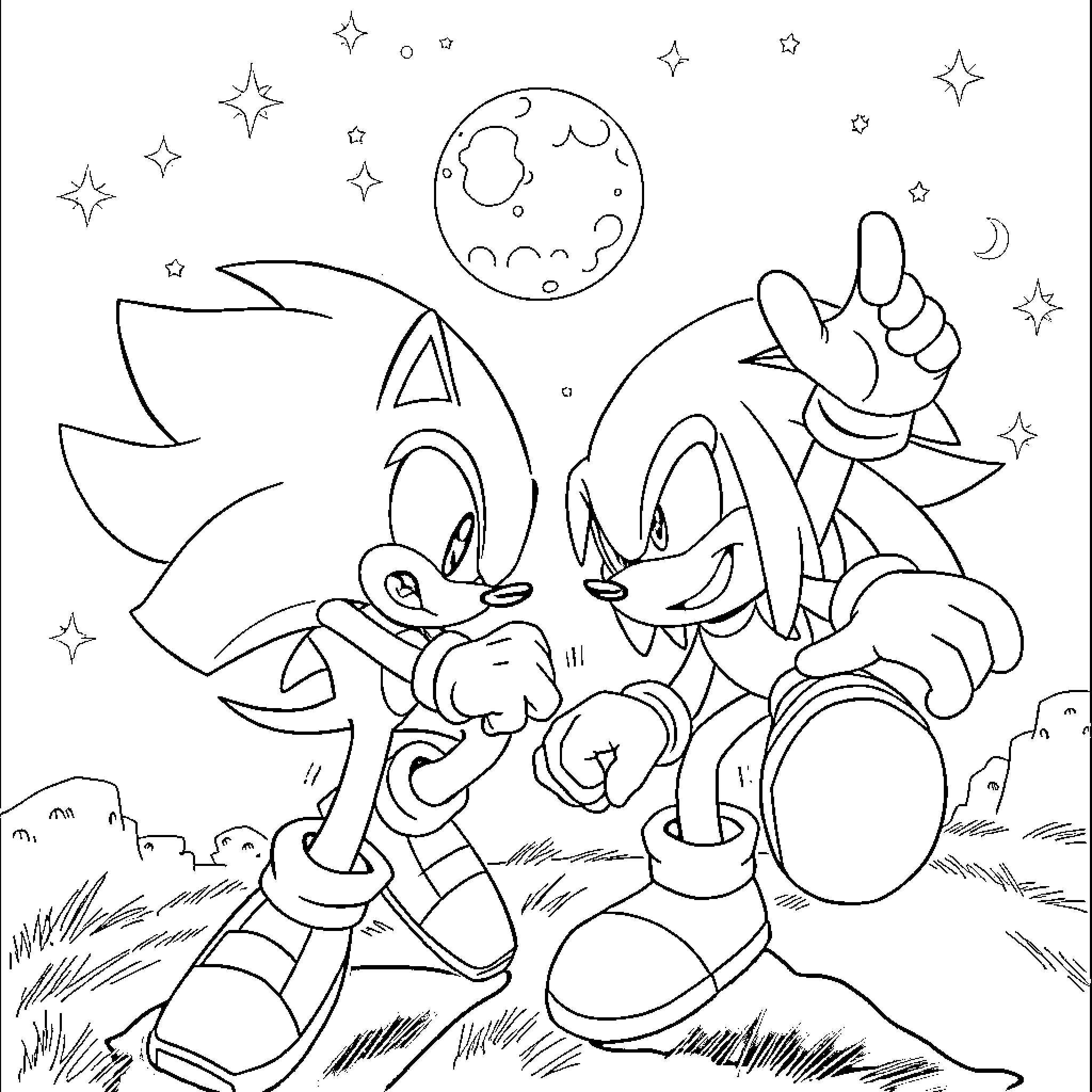 Sonic Characters Exploring Starry Night Landscape Coloring Page (free black-and-white line drawing printable PDF for all, from beginners to advanced learners, including children, teens, adults, and seniors)