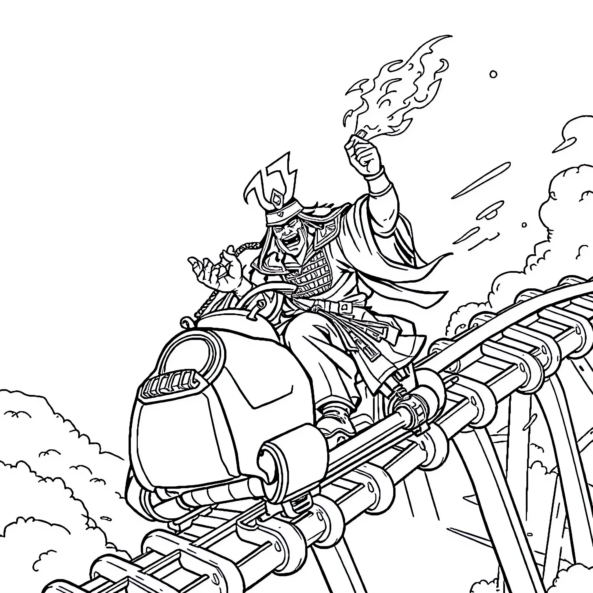Samurai Warrior Riding Powerful Mecha Suit Coloring Page (free black-and-white line drawing printable PDF for all, from beginners to advanced learners, including children, teens, adults, and seniors)