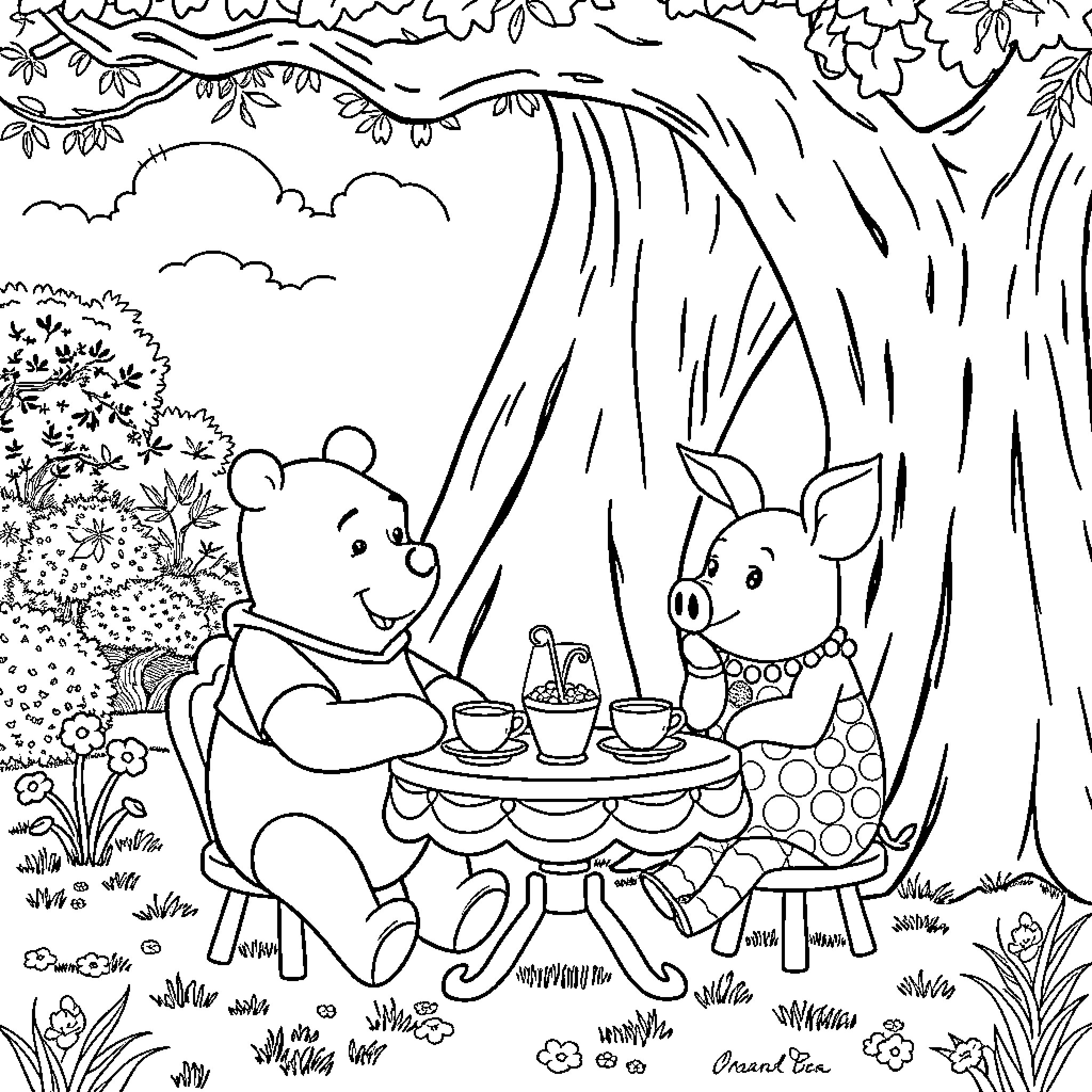 Pooh and Piglet Enjoying a Picnic in the Woods Coloring Page (free black-and-white line drawing printable PDF for all, from beginners to advanced learners, including children, teens, adults, and seniors)