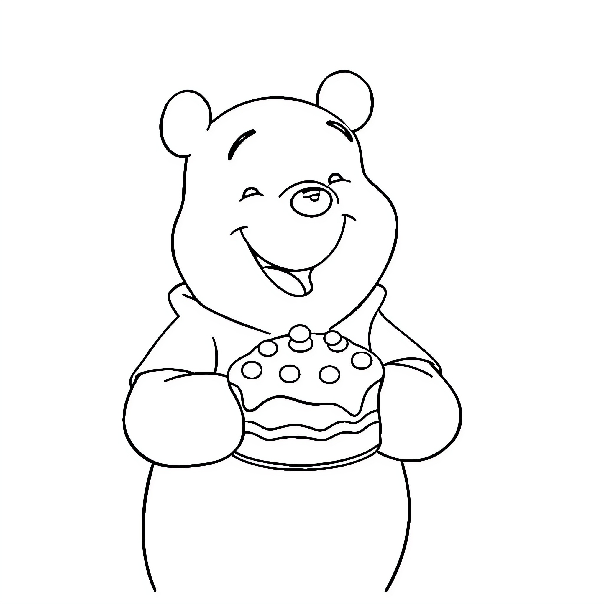 Pooh Bear enjoying a delicious cake Coloring Page (free black-and-white line drawing printable PDF for all, from beginners to advanced learners, including children, teens, adults, and seniors)