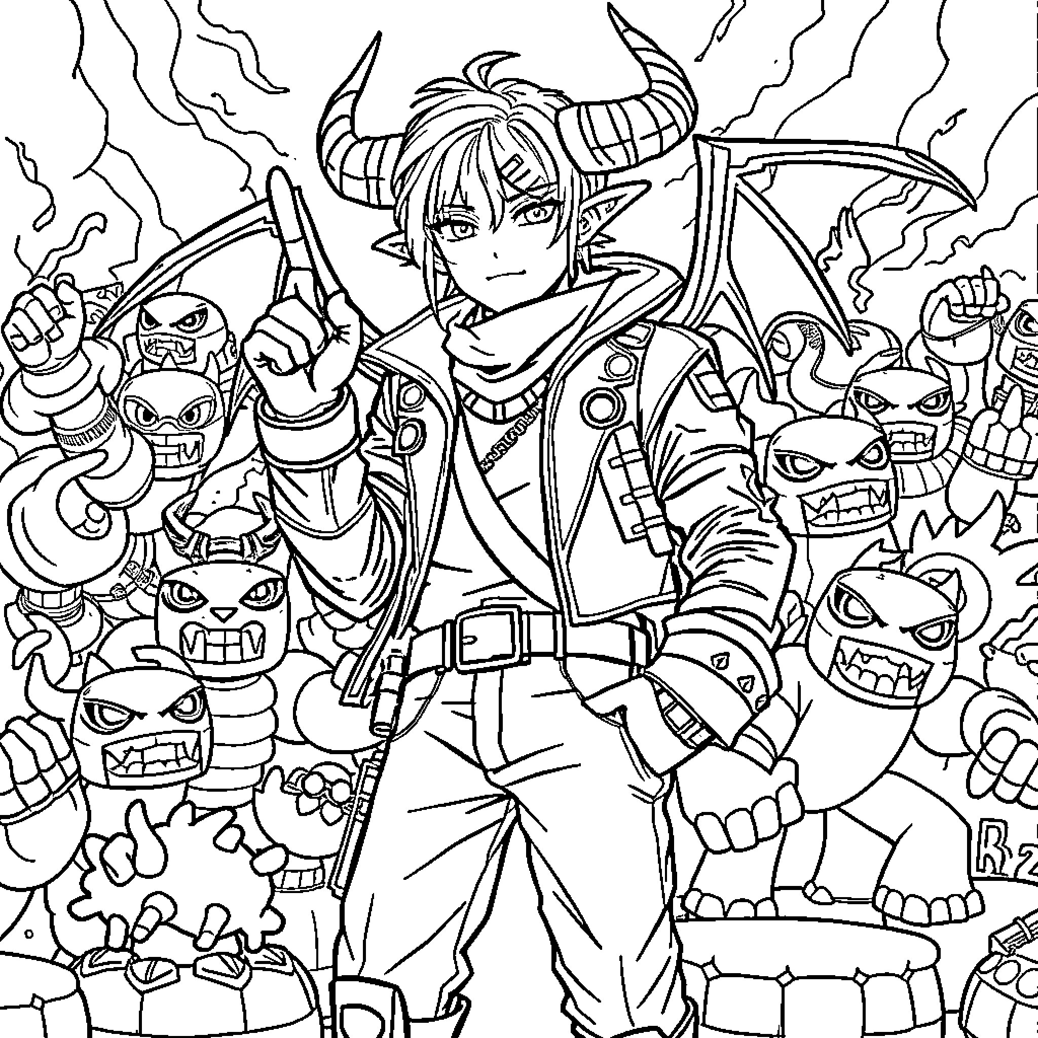 Demon Hunter's Heroic Stance Against Demonic Forces Coloring Page (free black-and-white line drawing printable PDF for all, from beginners to advanced learners, including children, teens, adults, and seniors)