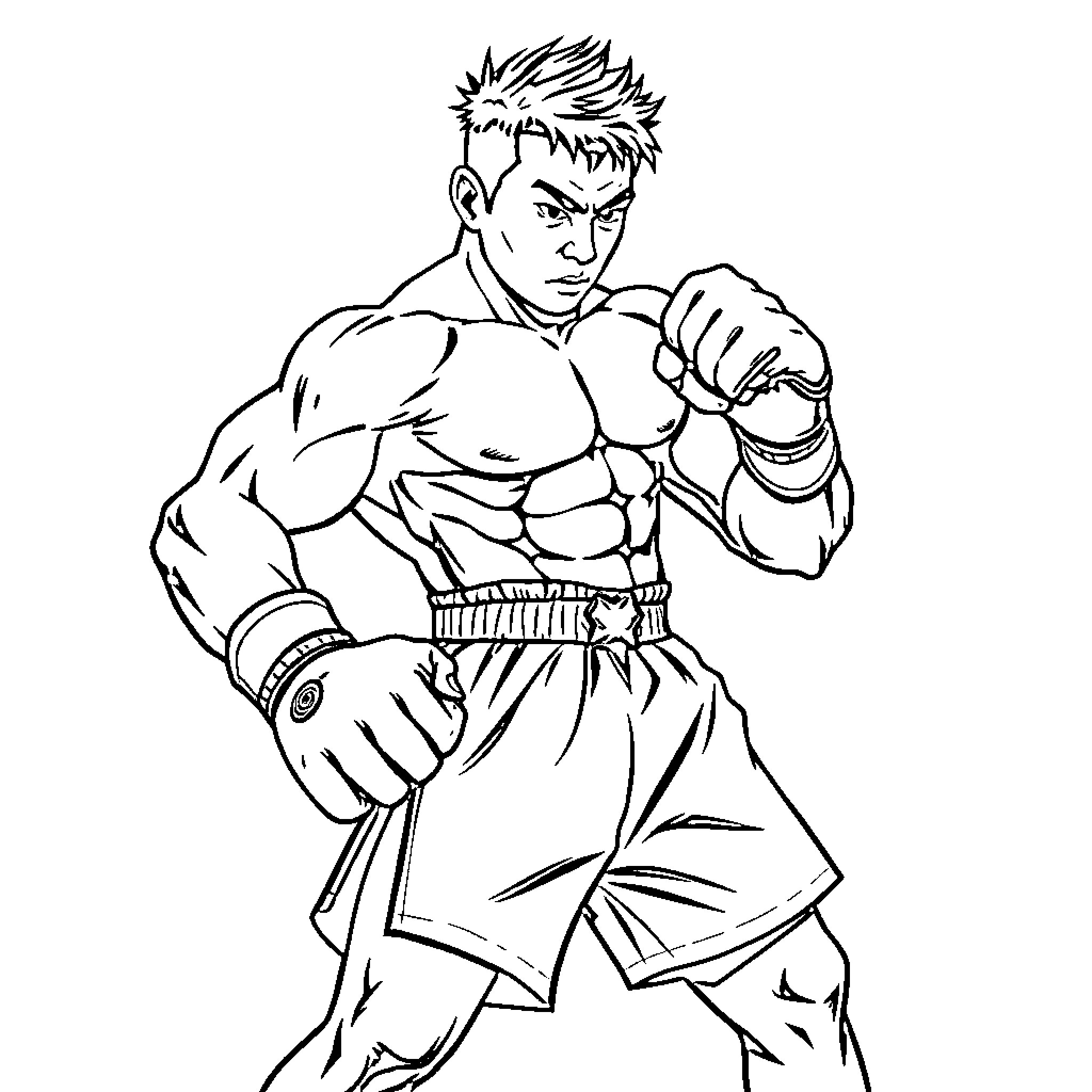 Joe Higashi in fighting stance with intense expression Coloring Page (free black-and-white line drawing printable PDF for all, from beginners to advanced learners, including children, teens, adults, and seniors)