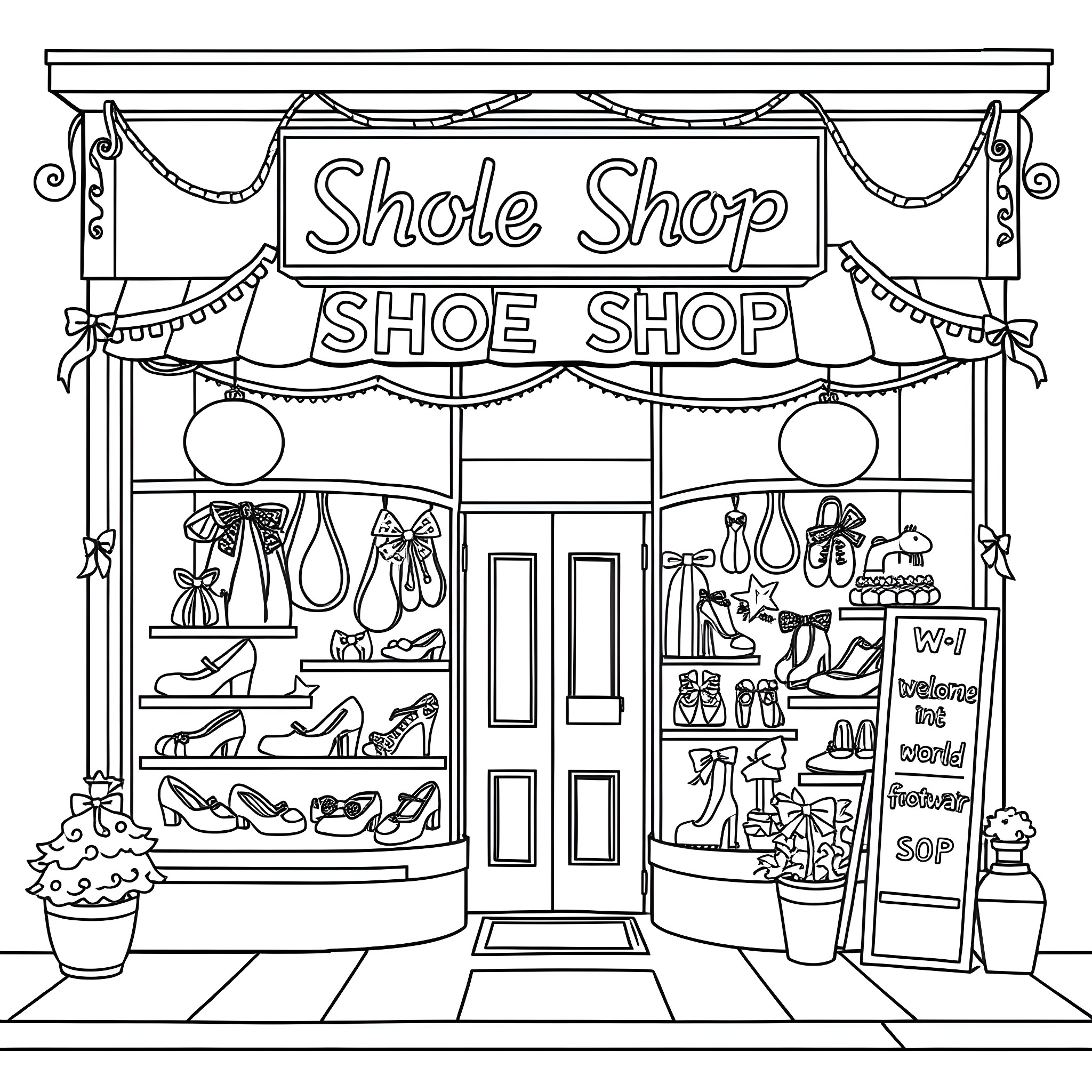 Shoe Shop Storefront with Various Footwear Displays Coloring Page (free black-and-white line drawing printable PDF for all, from beginners to advanced learners, including children, teens, adults, and seniors)
