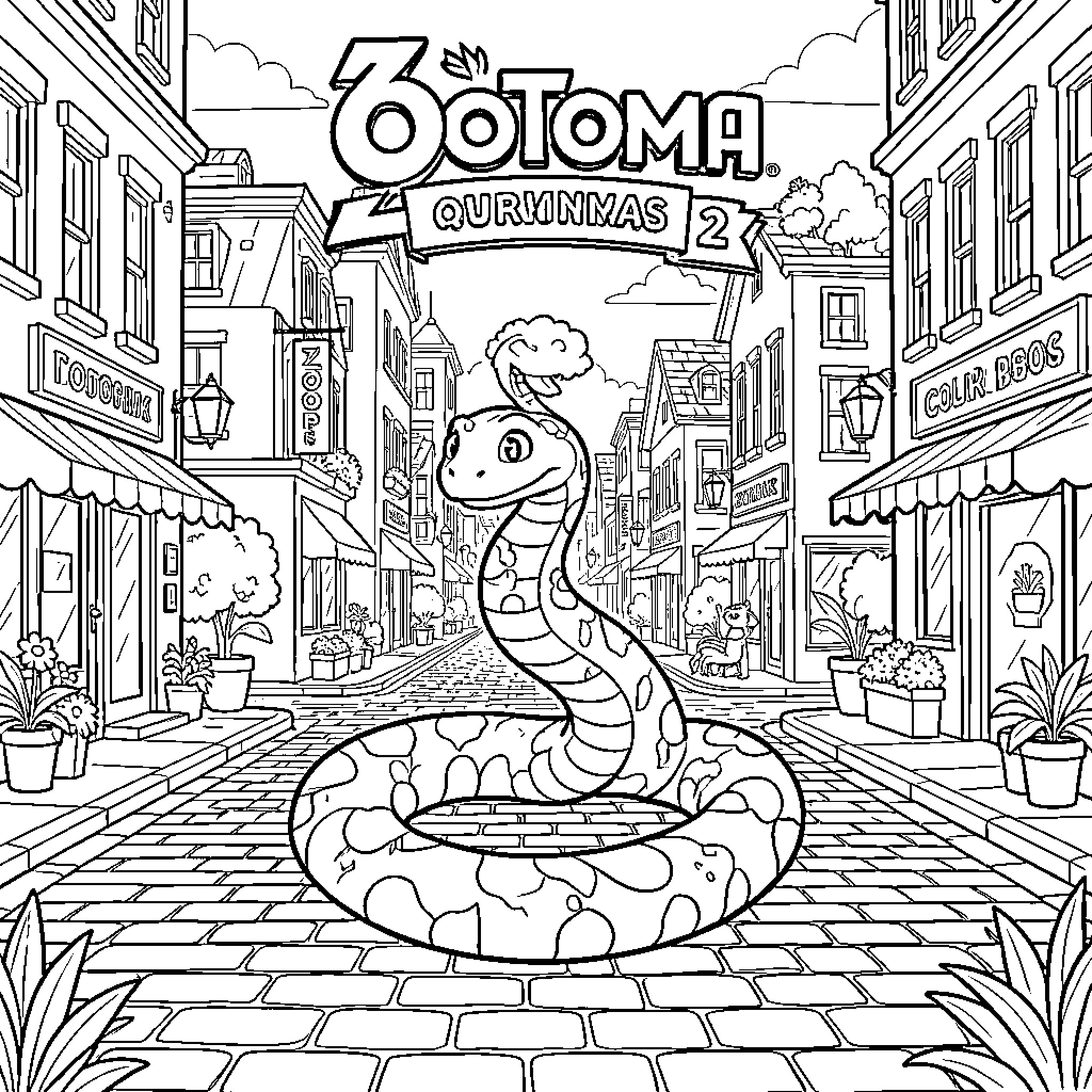 Gary's Quirky Adventure in the Town Square Coloring Page (free black-and-white line drawing printable PDF for all, from beginners to advanced learners, including children, teens, adults, and seniors)