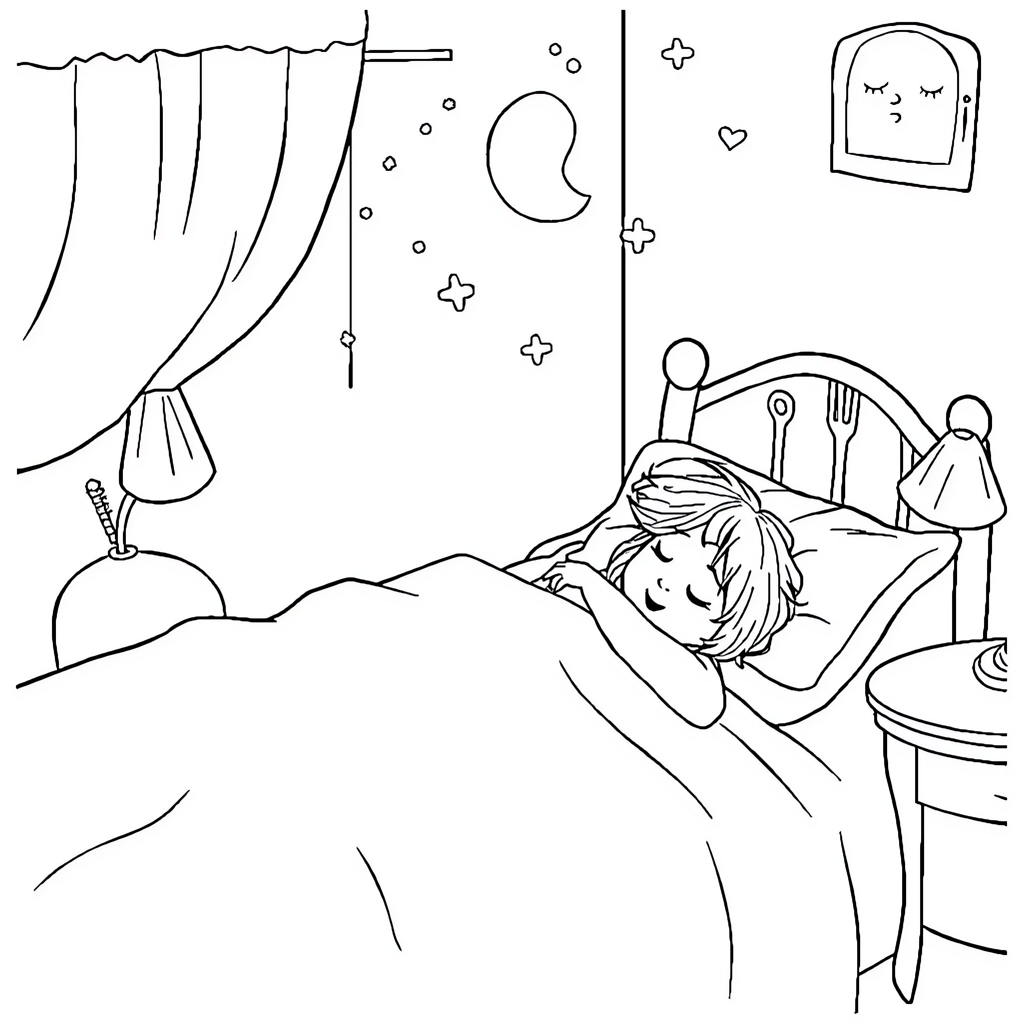 Elza's Peaceful Slumber in the Moonlit Room Coloring Page (free black-and-white line drawing printable PDF for all, from beginners to advanced learners, including children, teens, adults, and seniors)