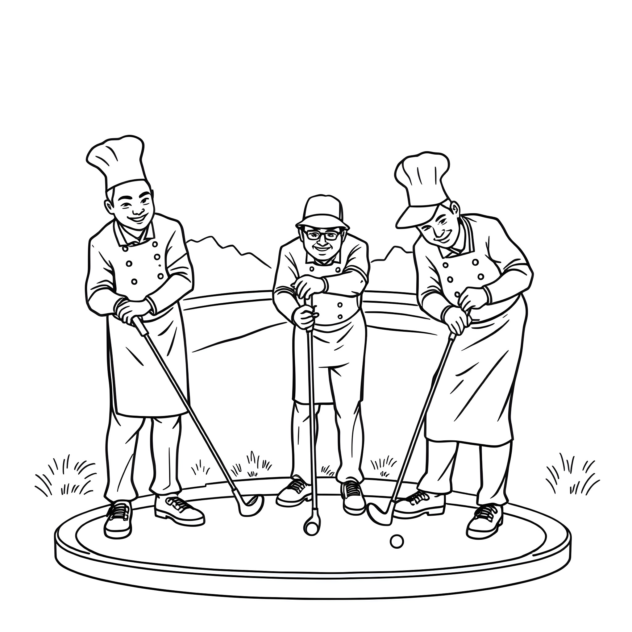 Chef Trio Enjoying Golf on the Course Coloring Page (free black-and-white line drawing printable PDF for all, from beginners to advanced learners, including children, teens, adults, and seniors)
