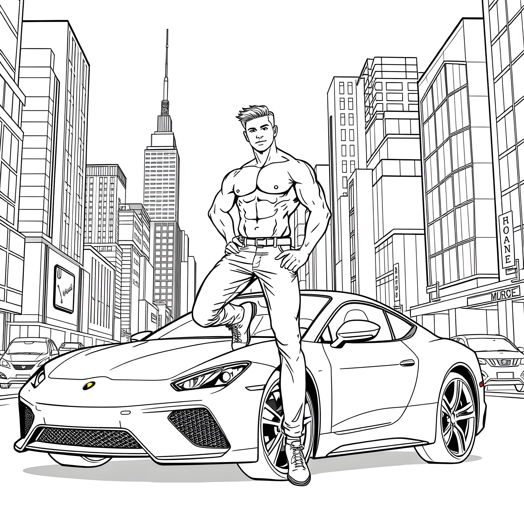 Man posing confidently in the city with sports car Coloring Page (free black-and-white line drawing printable PDF for all, from beginners to advanced learners, including children, teens, adults, and seniors)