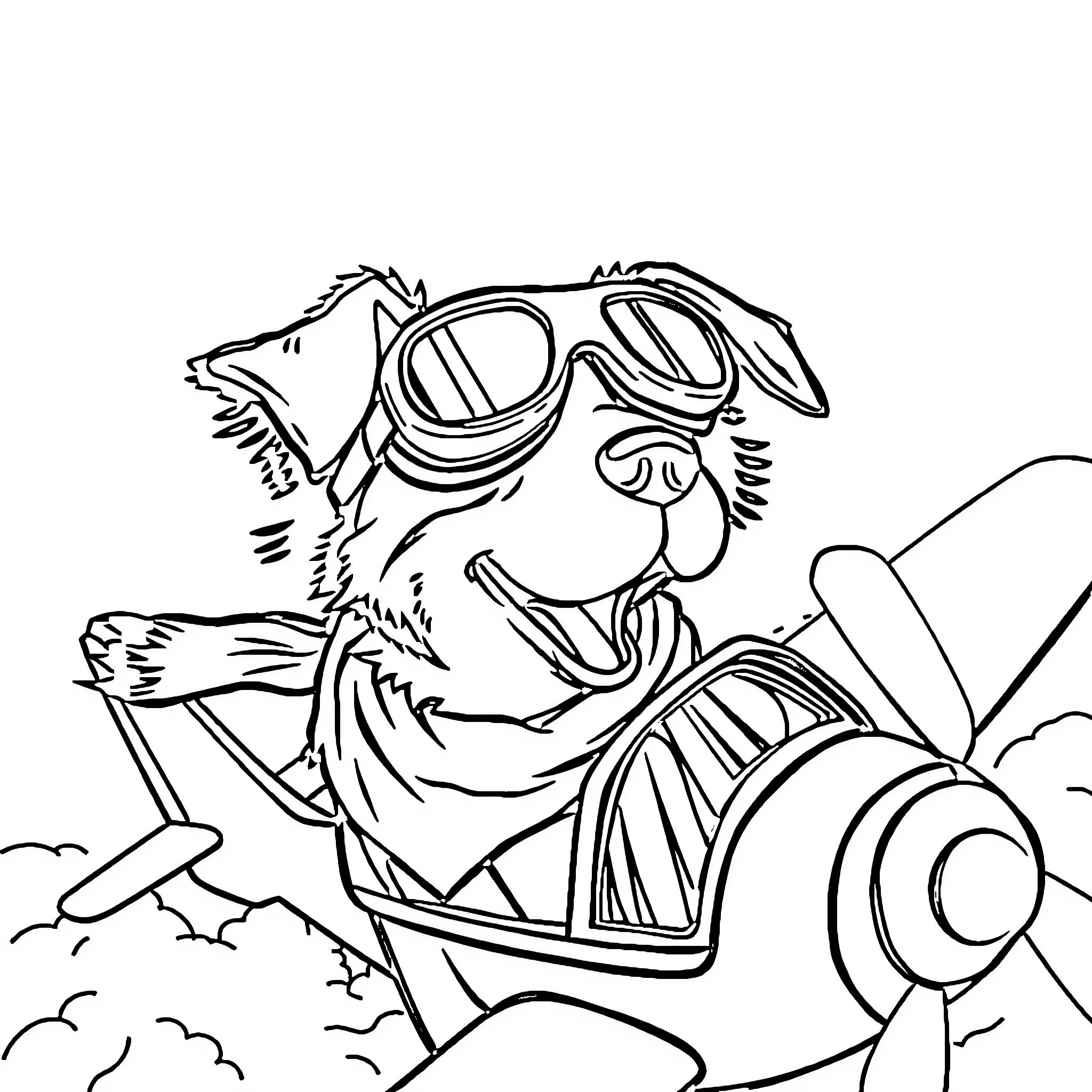 Dog Riding Vintage Plane in Clouds Coloring Page (free black-and-white line drawing printable PDF for all, from beginners to advanced learners, including children, teens, adults, and seniors)