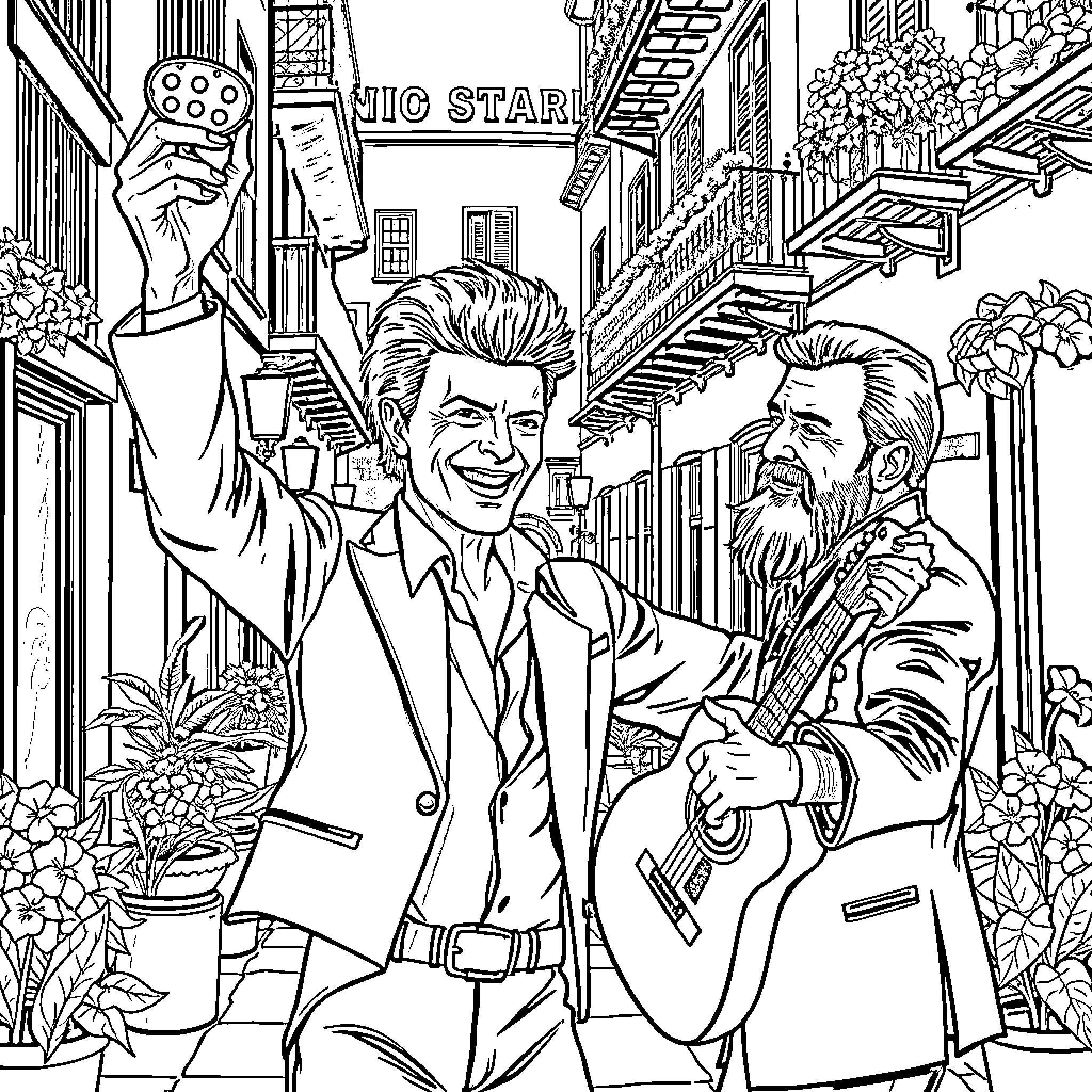 David Bowie celebrates with friend on city street Coloring Page (free black-and-white line drawing printable PDF for all, from beginners to advanced learners, including children, teens, adults, and seniors)
