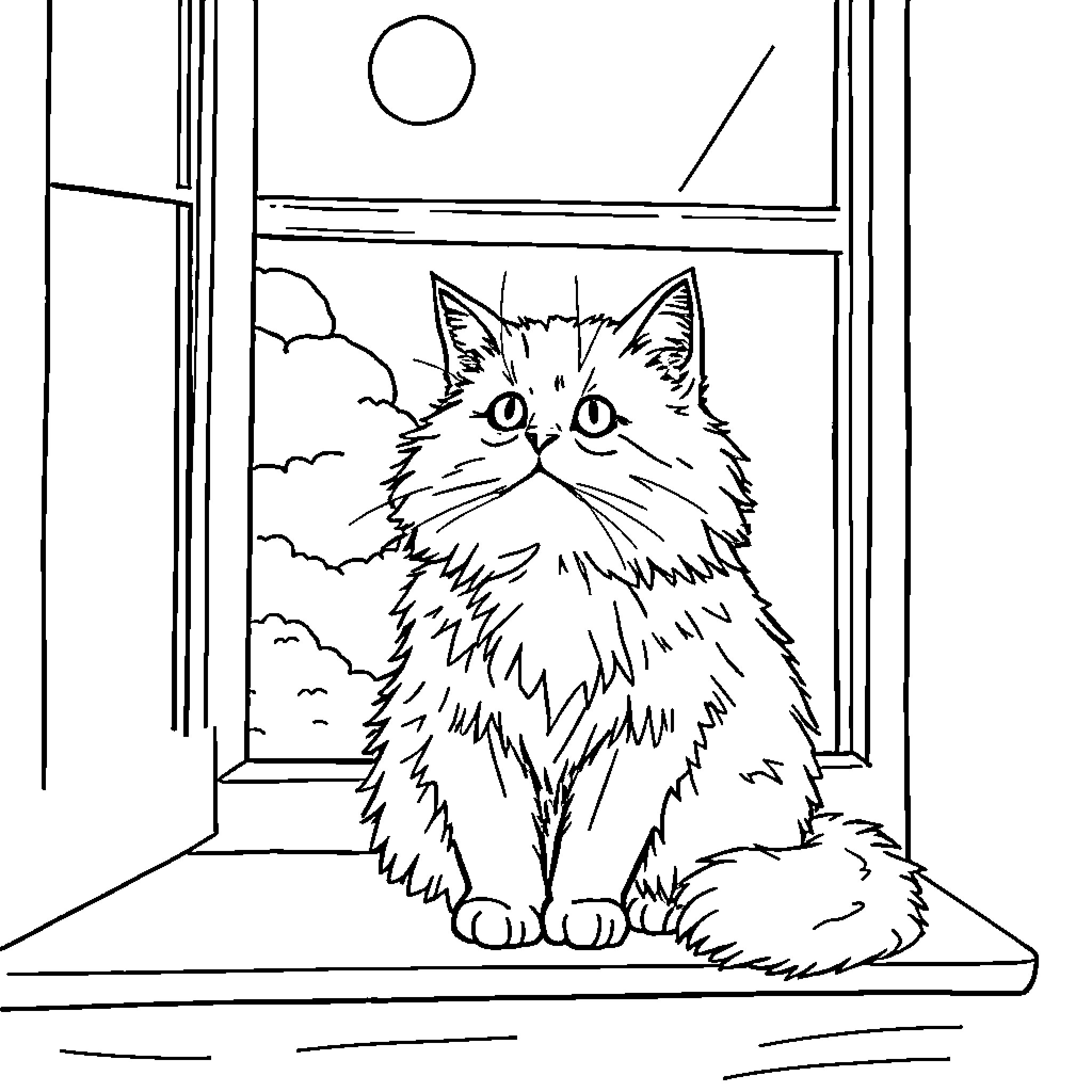 Cat gazing through the window Coloring Page (free black-and-white line drawing printable PDF for all, from beginners to advanced learners, including children, teens, adults, and seniors)