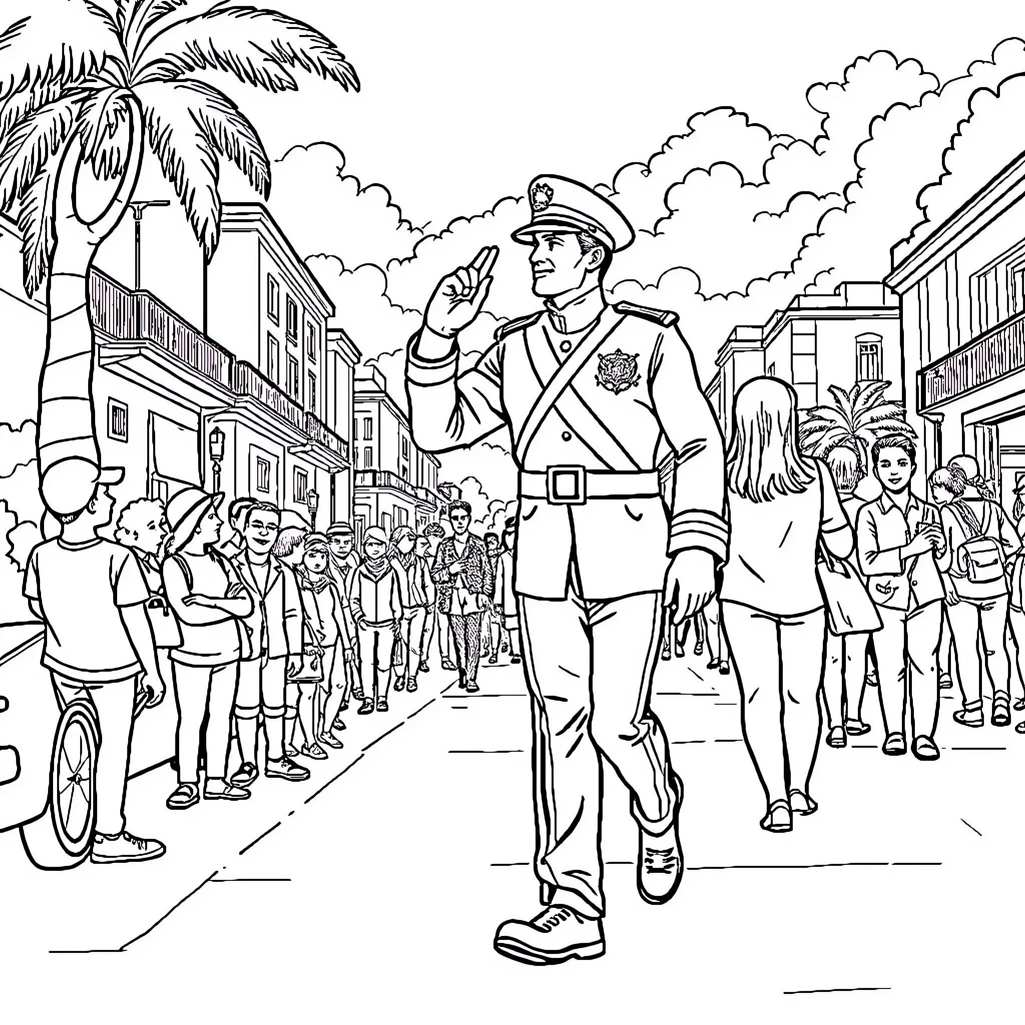 Capitan leading a parade in a tropical town Coloring Page (free black-and-white line drawing printable PDF for all, from beginners to advanced learners, including children, teens, adults, and seniors)