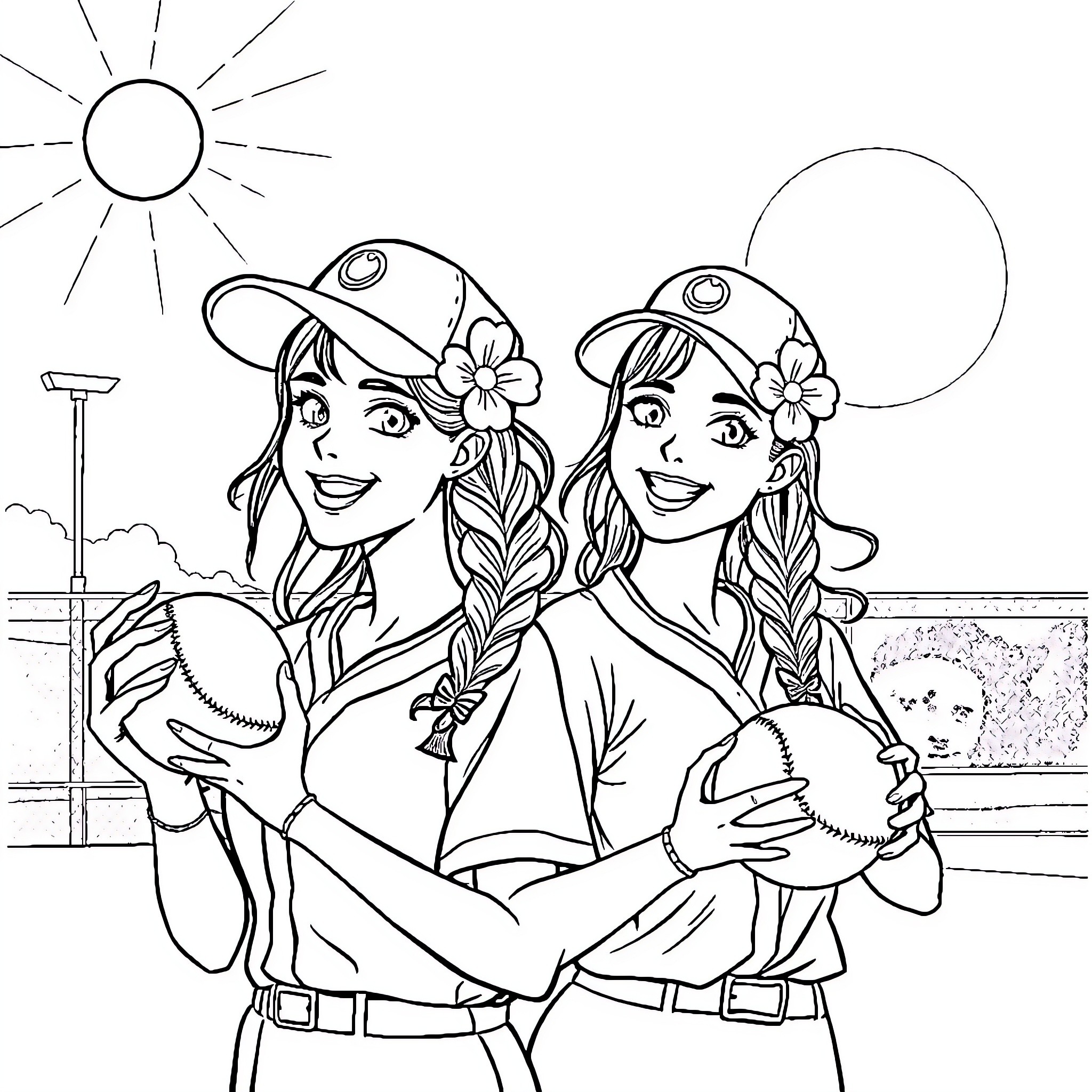 Softball Players Sharing Camaraderie on the Field Coloring Page (free black-and-white line drawing printable PDF for all, from beginners to advanced learners, including children, teens, adults, and seniors)